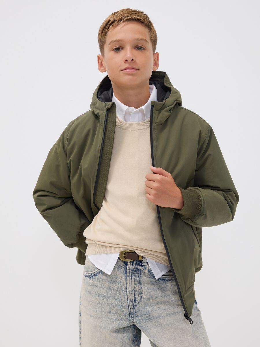 Green waterproof hooded bomber jacket with zip for boys_0