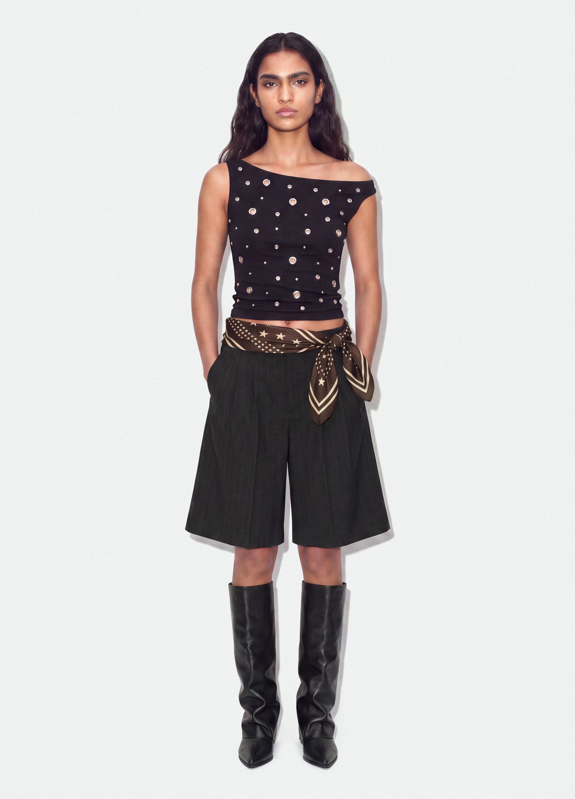 Grey wide-leg stretch viscose Bermuda shorts
