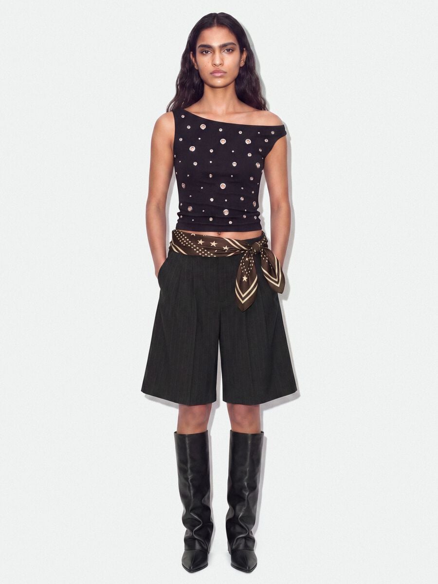 Grey wide-leg stretch viscose Bermuda shorts_0