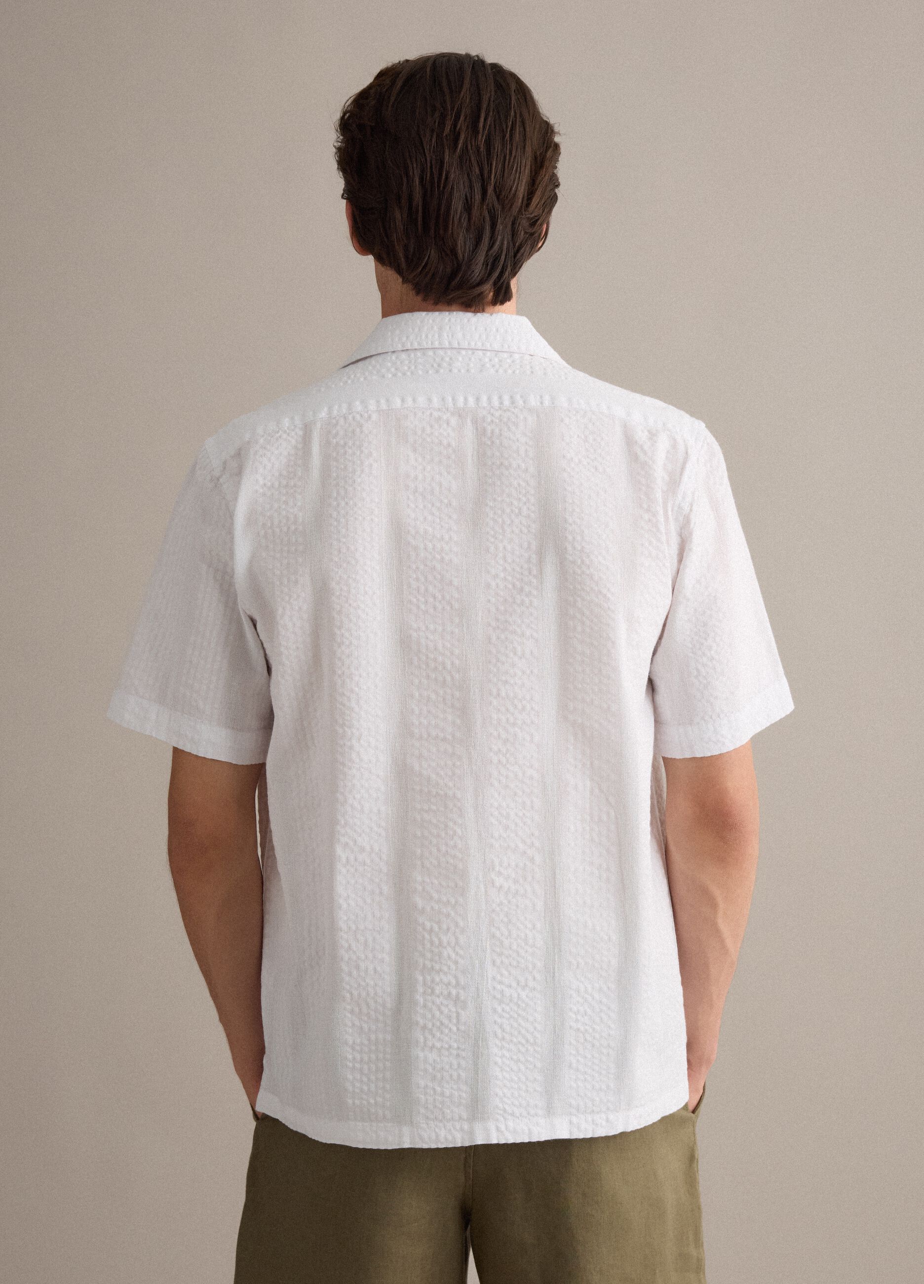 White pure organic cotton shirt with bowling collar, regular fit