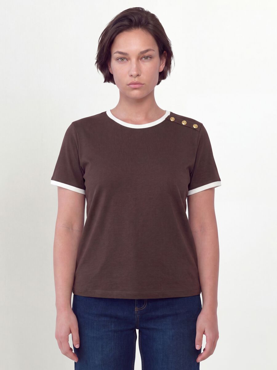 Brown pure cotton T-shirt with buttons, regular fit_0
