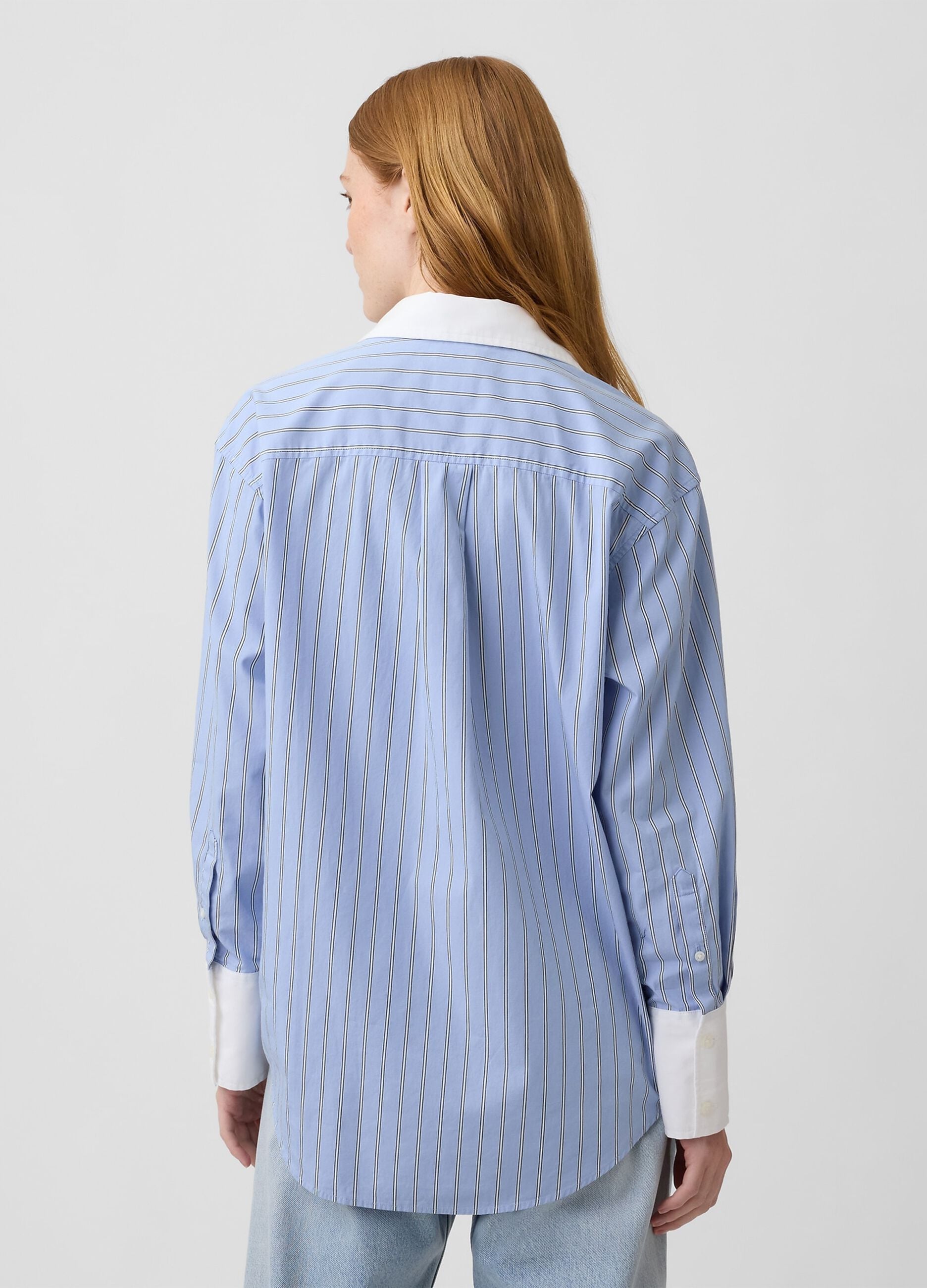Light blue pure cotton striped shirt with contrast turn-up cuffs