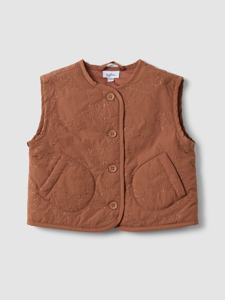 Brown padded gilet with floral embroidery_0