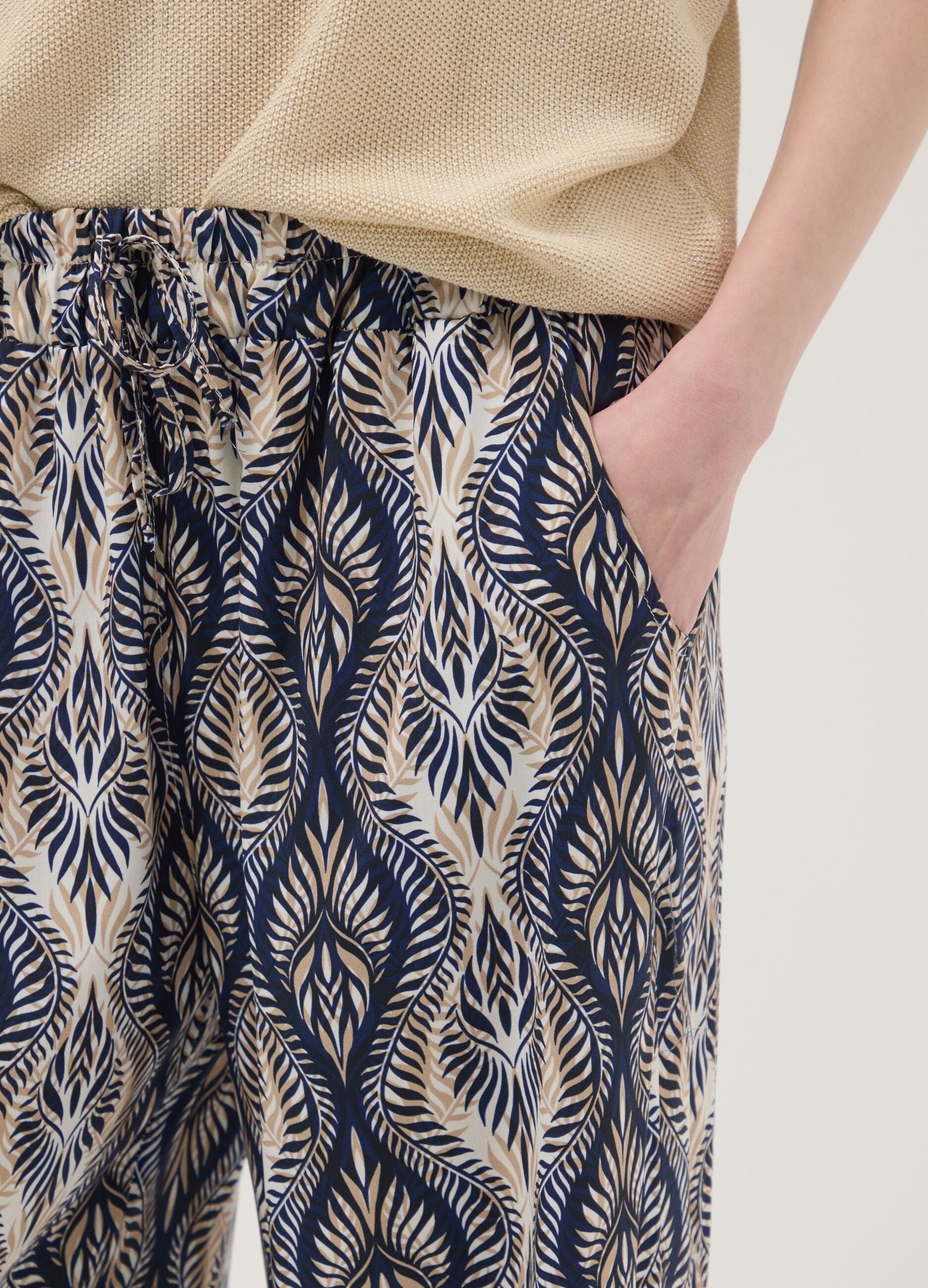 Blue pure-viscose trousers with all-over print, regular fit