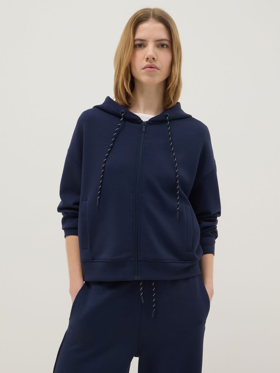 Regular fit blue modal blend hoodie with full zip_0