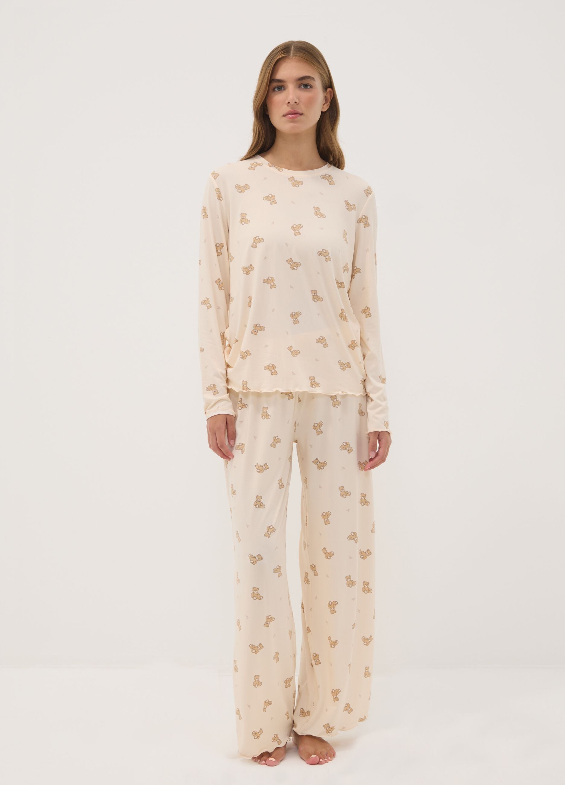 Cream-white stretch fabric crew-neck pyjamas