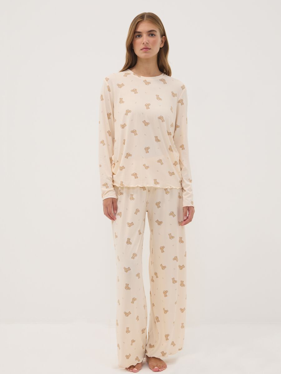 Cream-white stretch fabric crew-neck pyjamas_0