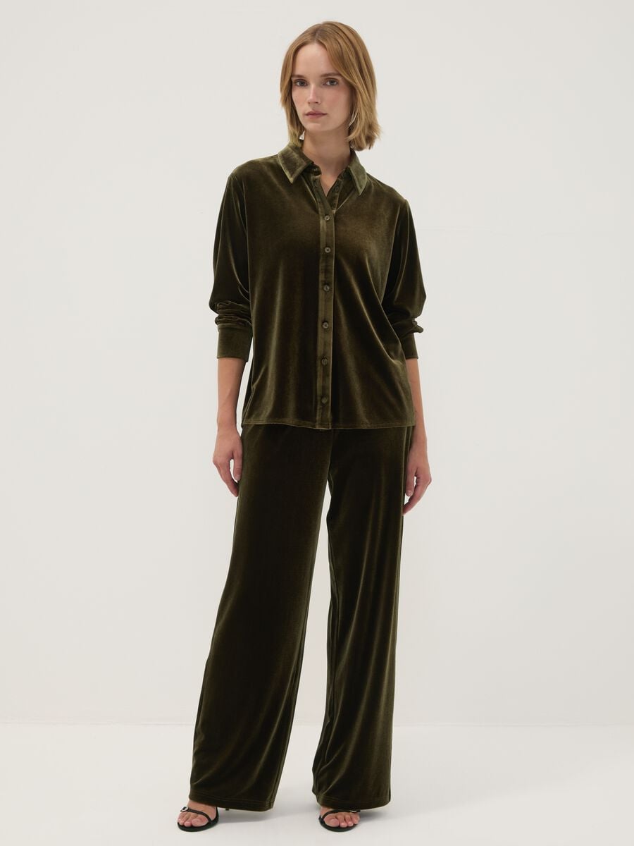 Pantaloni verdi wide leg in tessuto velour elasticizzato_0