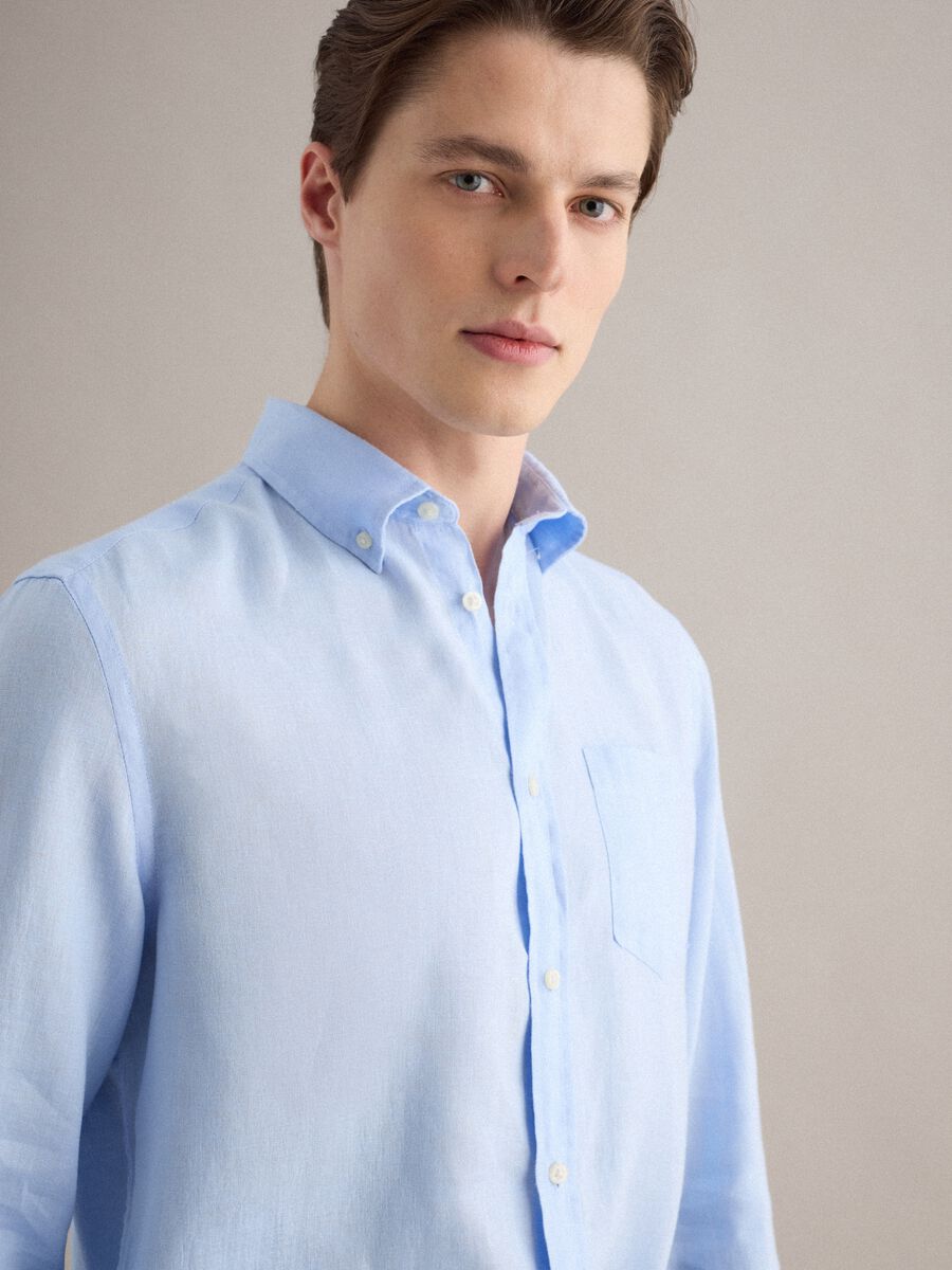 Light blue regular fit long-sleeve pure linen shirt_3