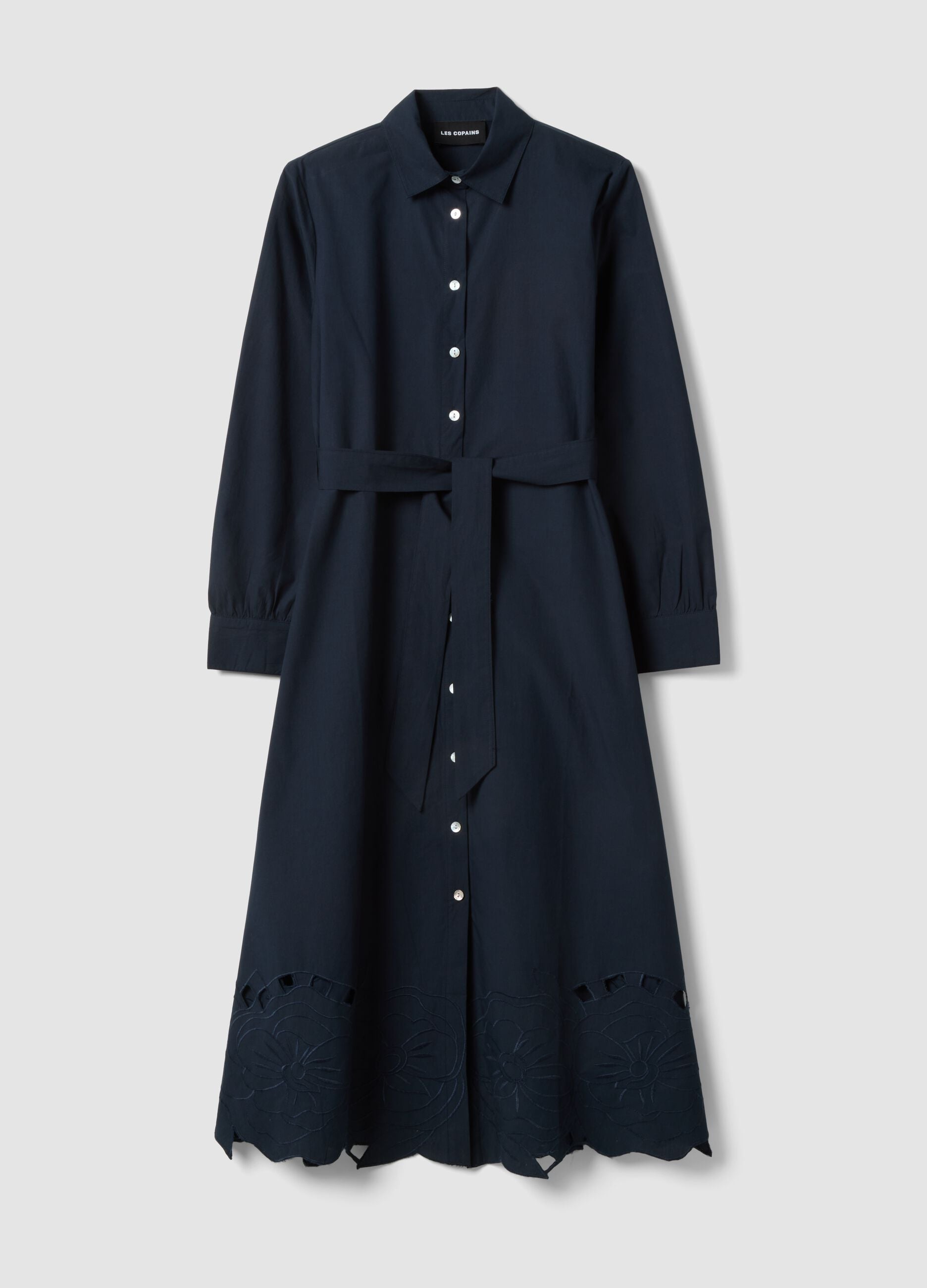 Long blue dress in pure cotton with regular fit and embroidery