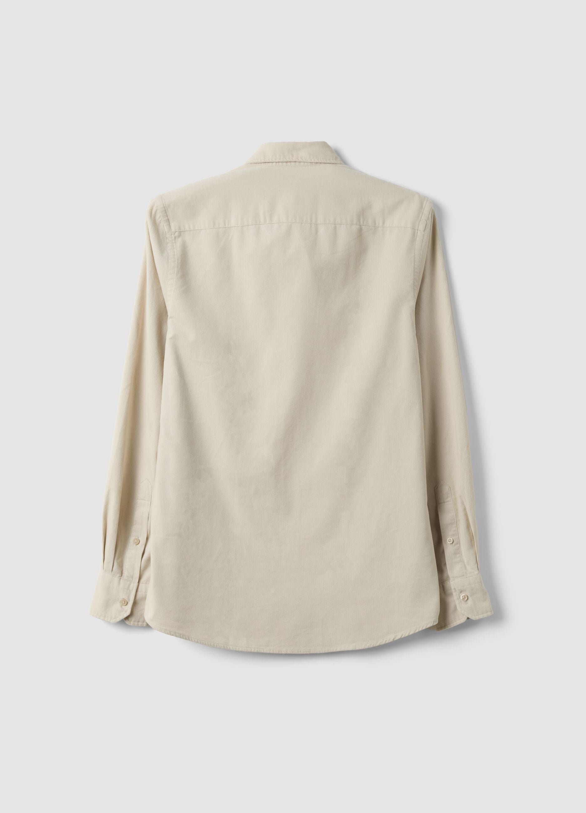 Beige ribbed pure cotton shirt with classic collar, regular fit