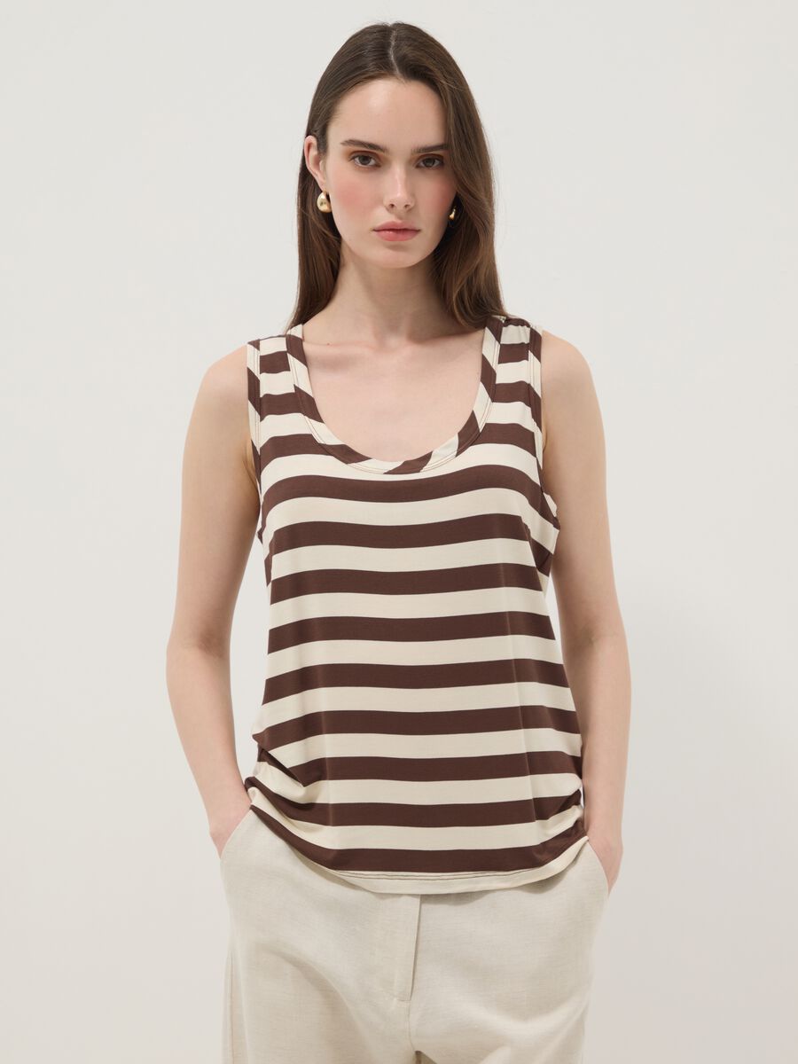 Brown striped stretch viscose tank top_1
