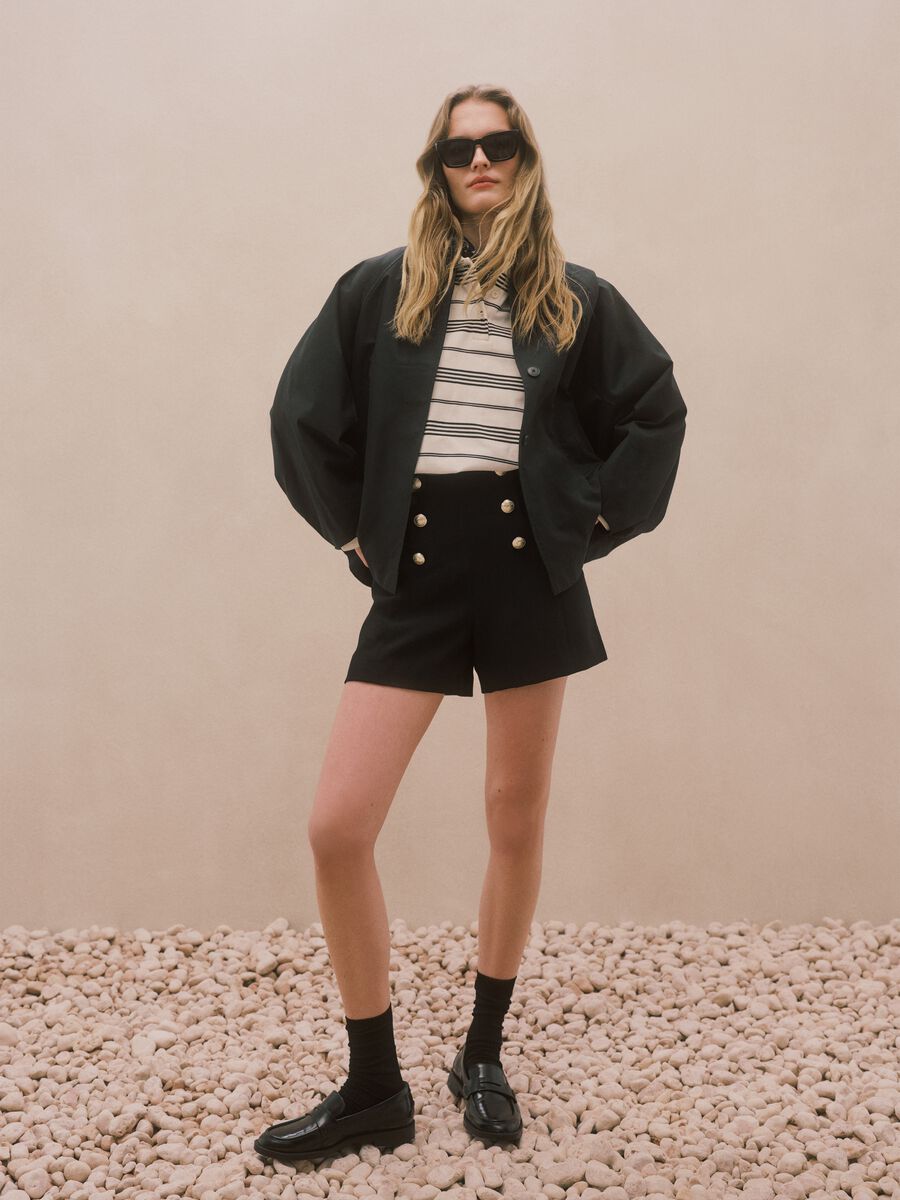 Black regular fit shorts with high waist and gold buttons_0