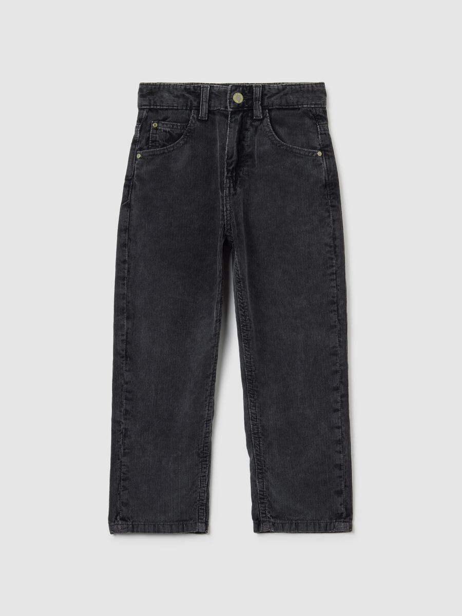 Children's Black Baggy Trousers in Pure Ribbed Cotton_0