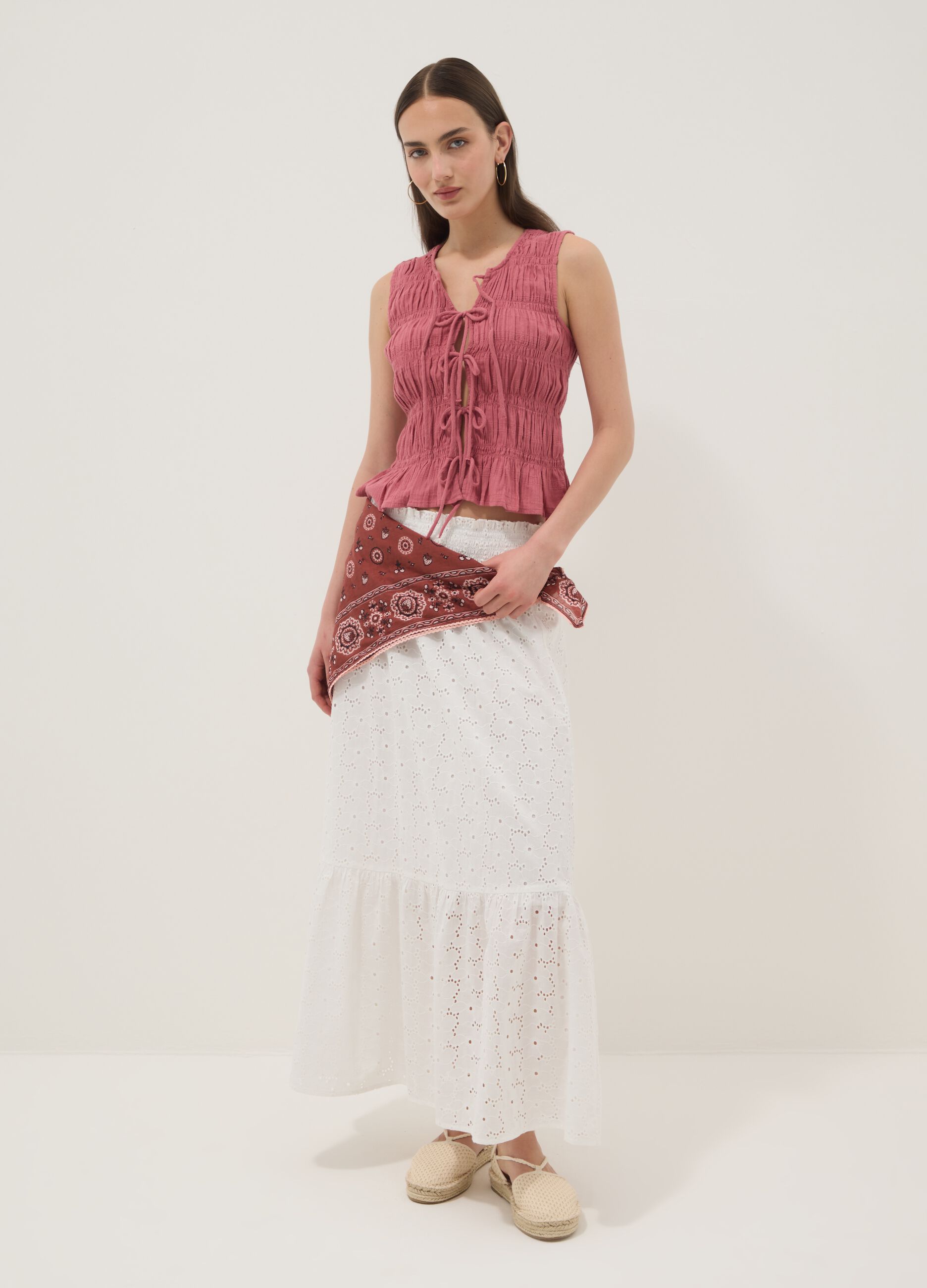 Long white broderie anglaise skirt in pure cotton