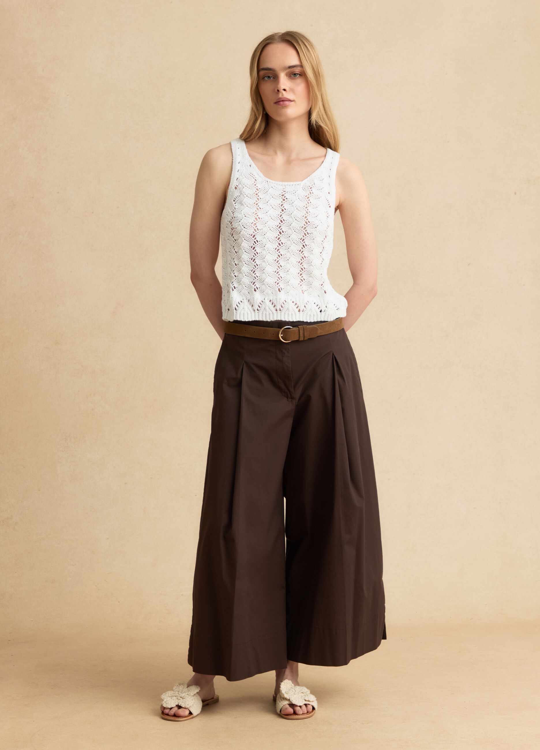 Brown stretch cotton culotte trousers