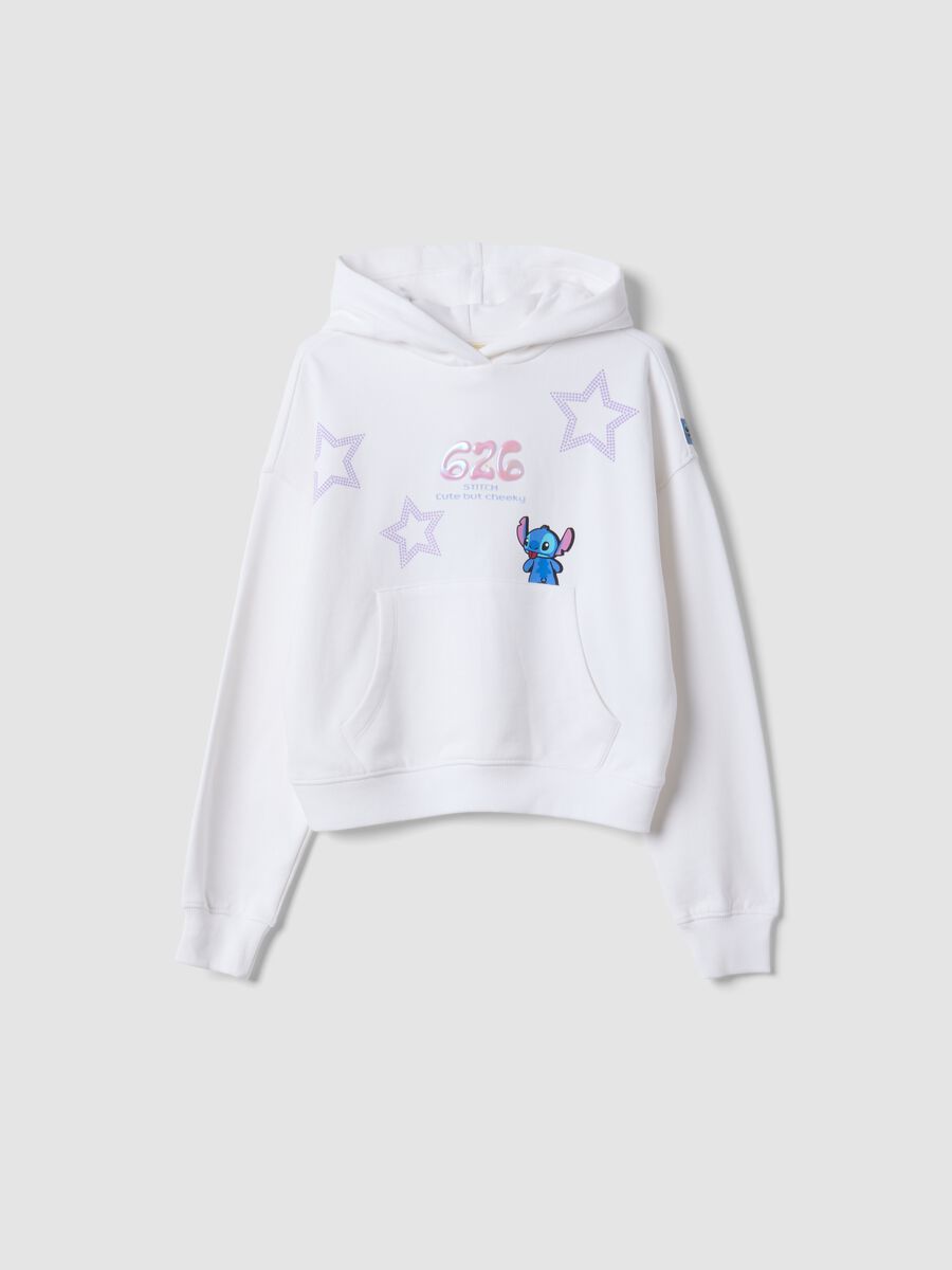 White cropped pure cotton hoodie with Lilo & Stitch print_0