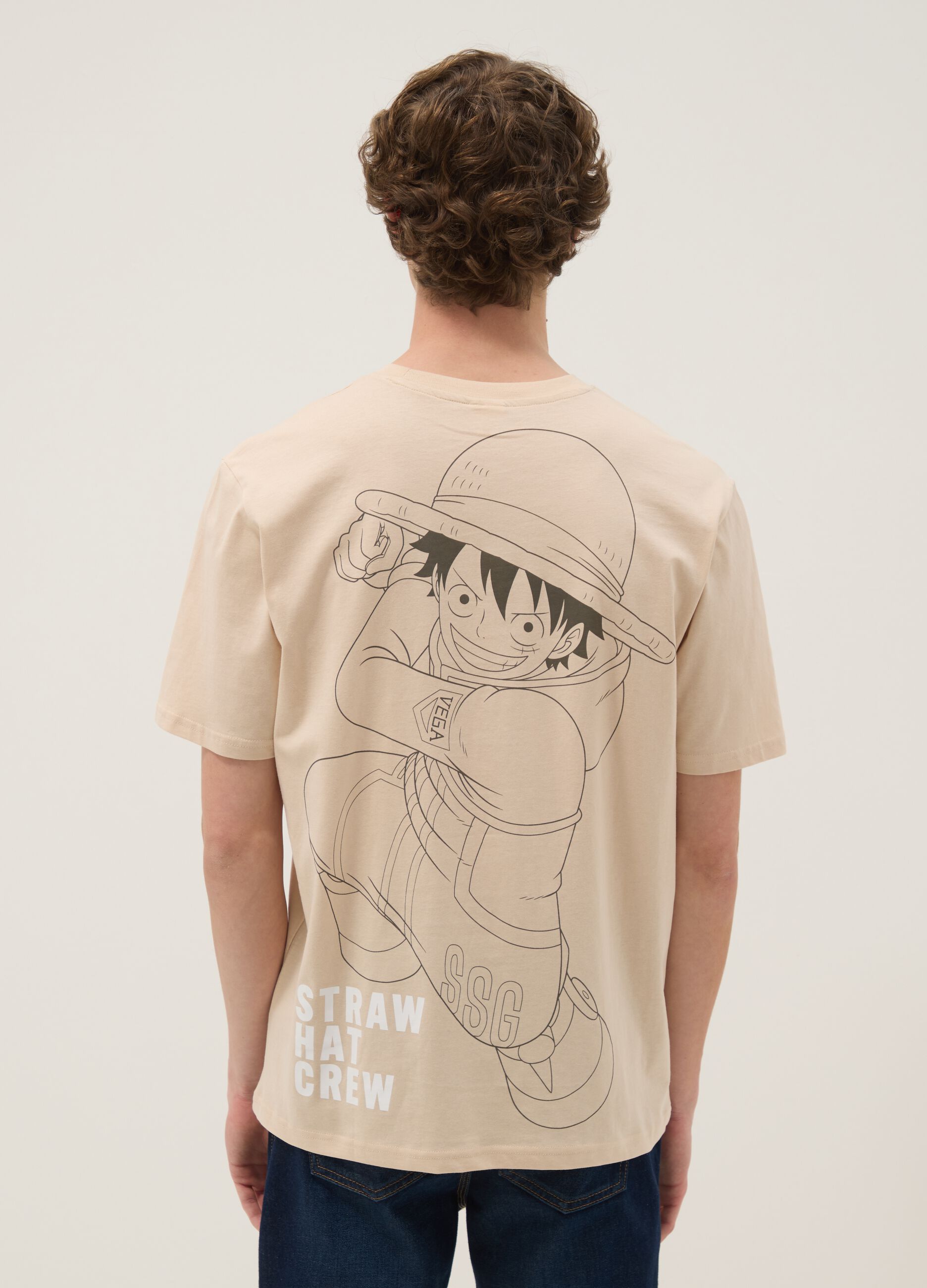 Beiges T-Shirt aus reiner Baumwolle mit One-Piece-Print, Relaxed Fit