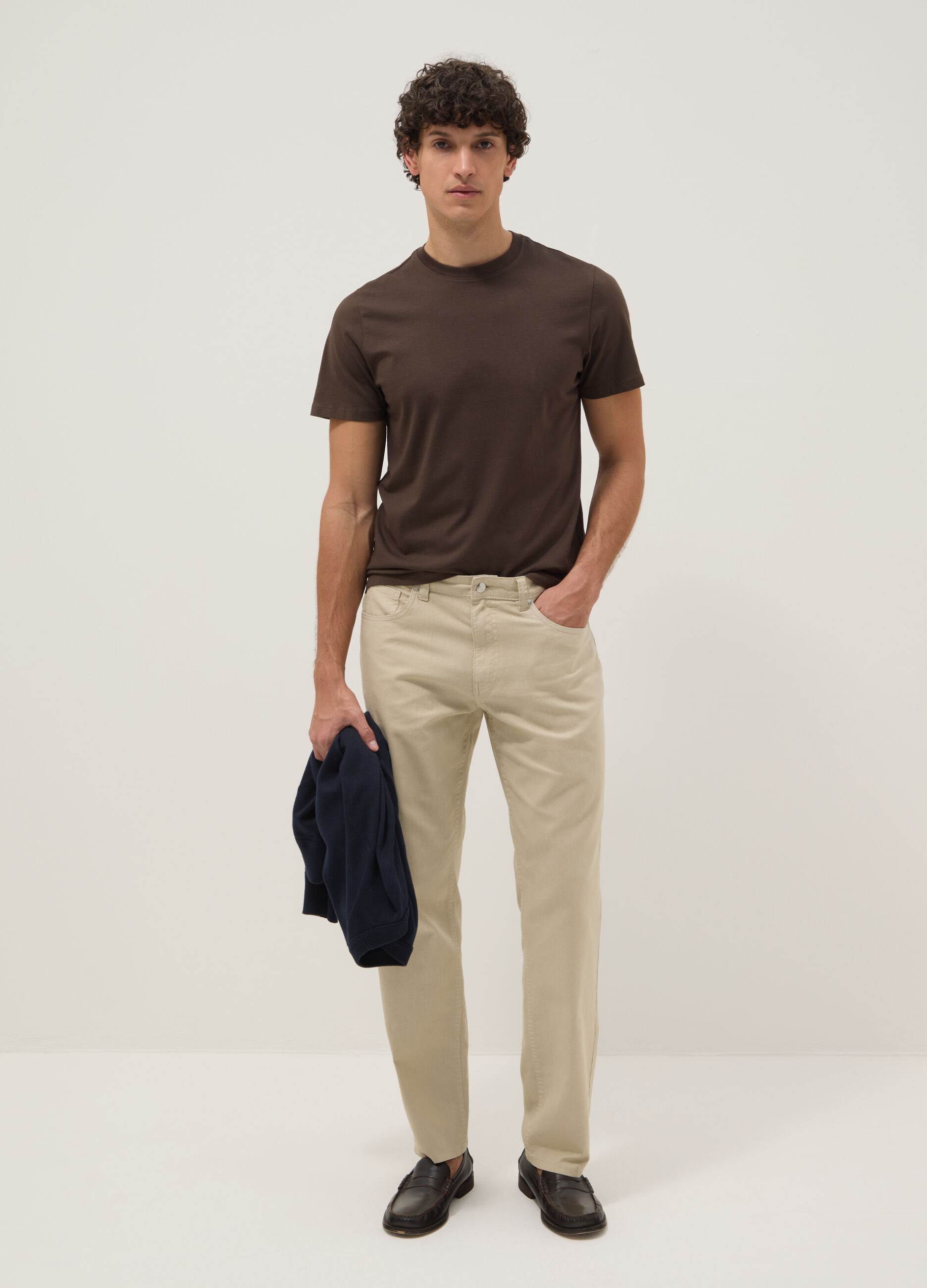 Beige casual linen-blend regular-fit trousers