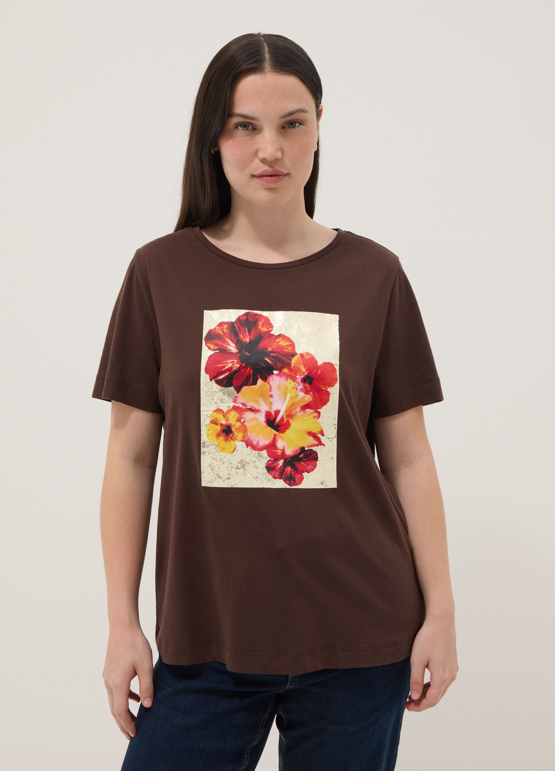 Brown pure cotton T-shirt with print, regular fit