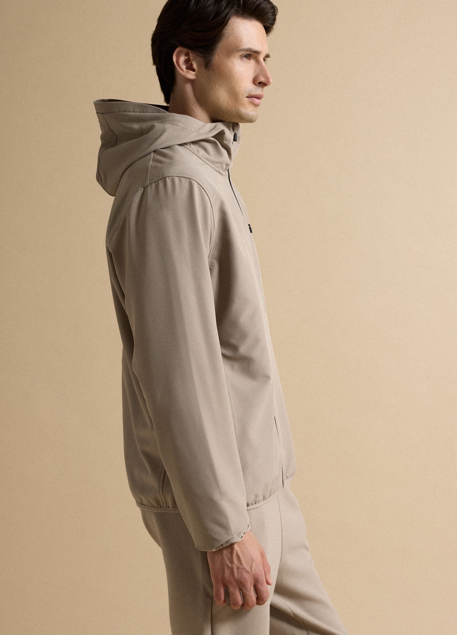 Beige hooded jacket in stretch fabric, regular fit