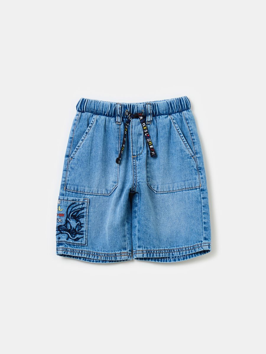 Denim Bermuda shorts with Bugs Bunny embroidery_0