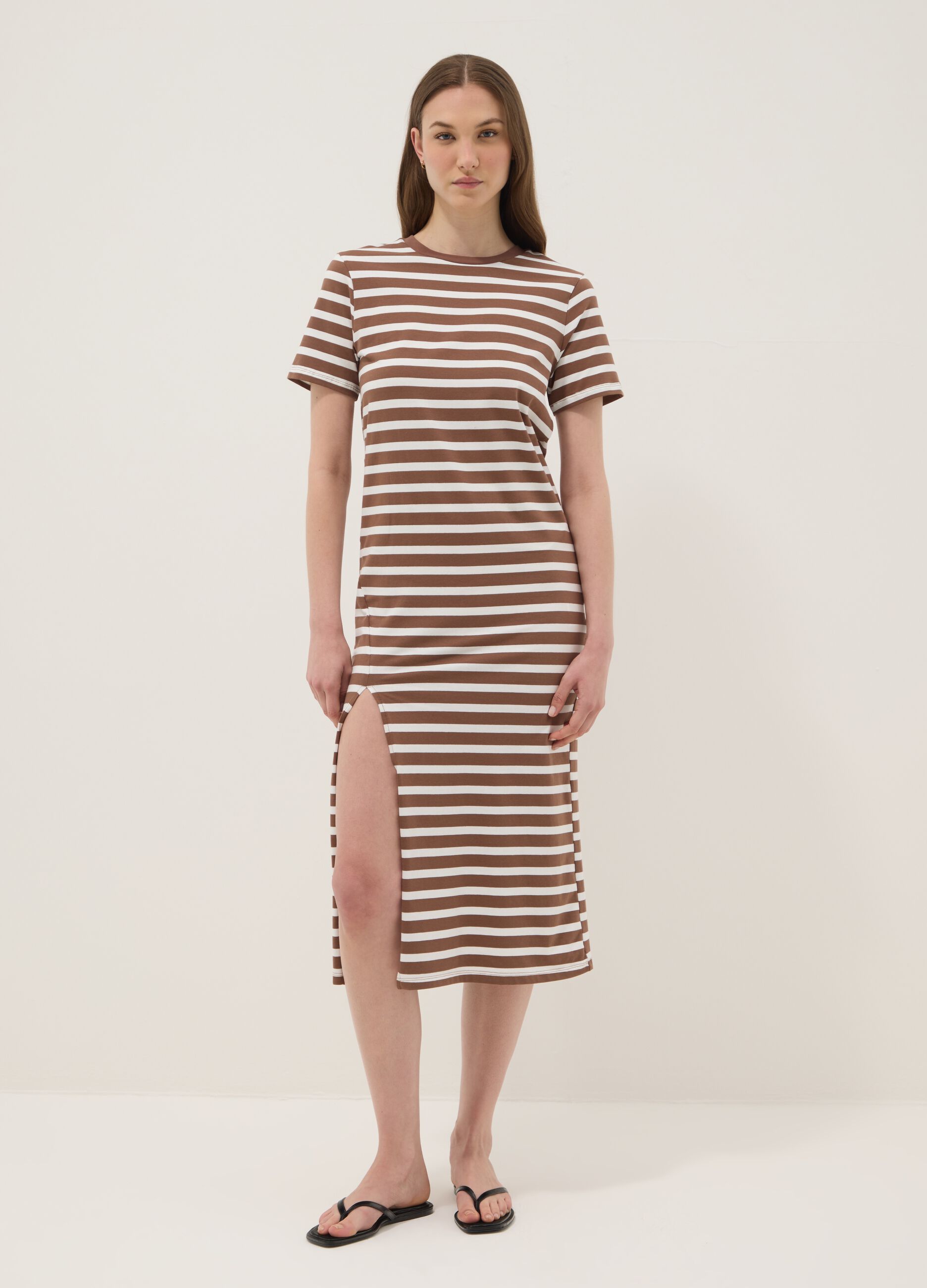 Brown striped stretch-cotton midi dress