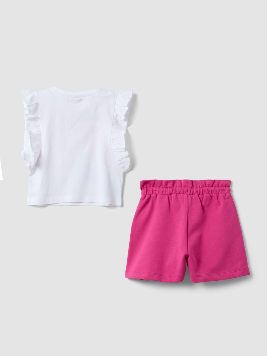 White and pink stretch cotton T-shirt and shorts set for girls, regular fit_1
