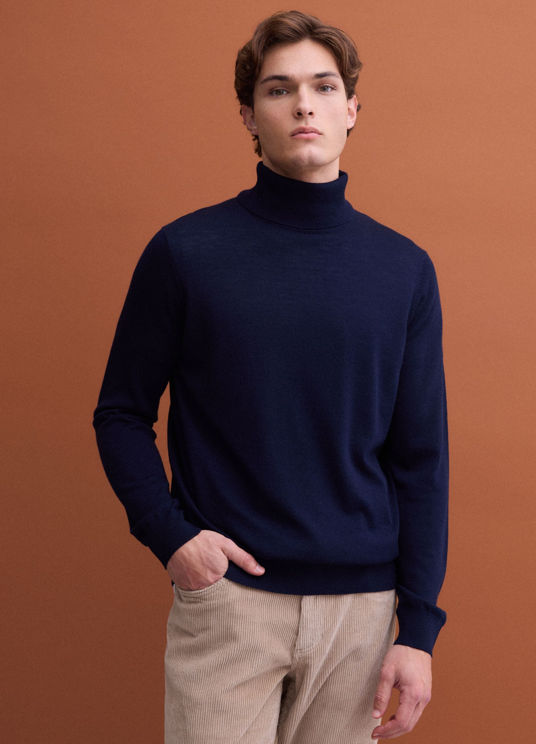 Navy blue merino wool roll-neck jumper, regular fit