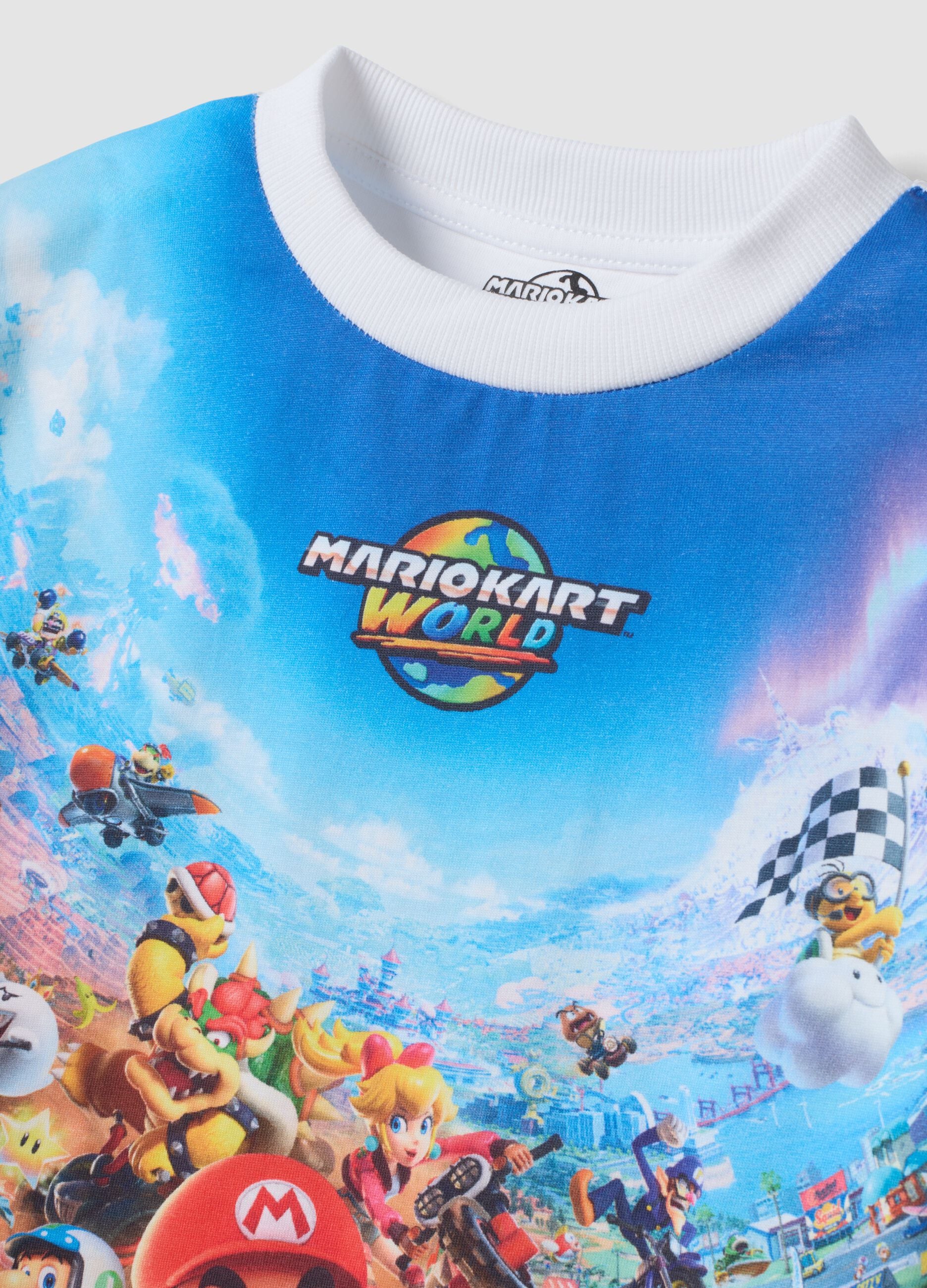White pure cotton crew-neck T-shirt with Mario Kart print