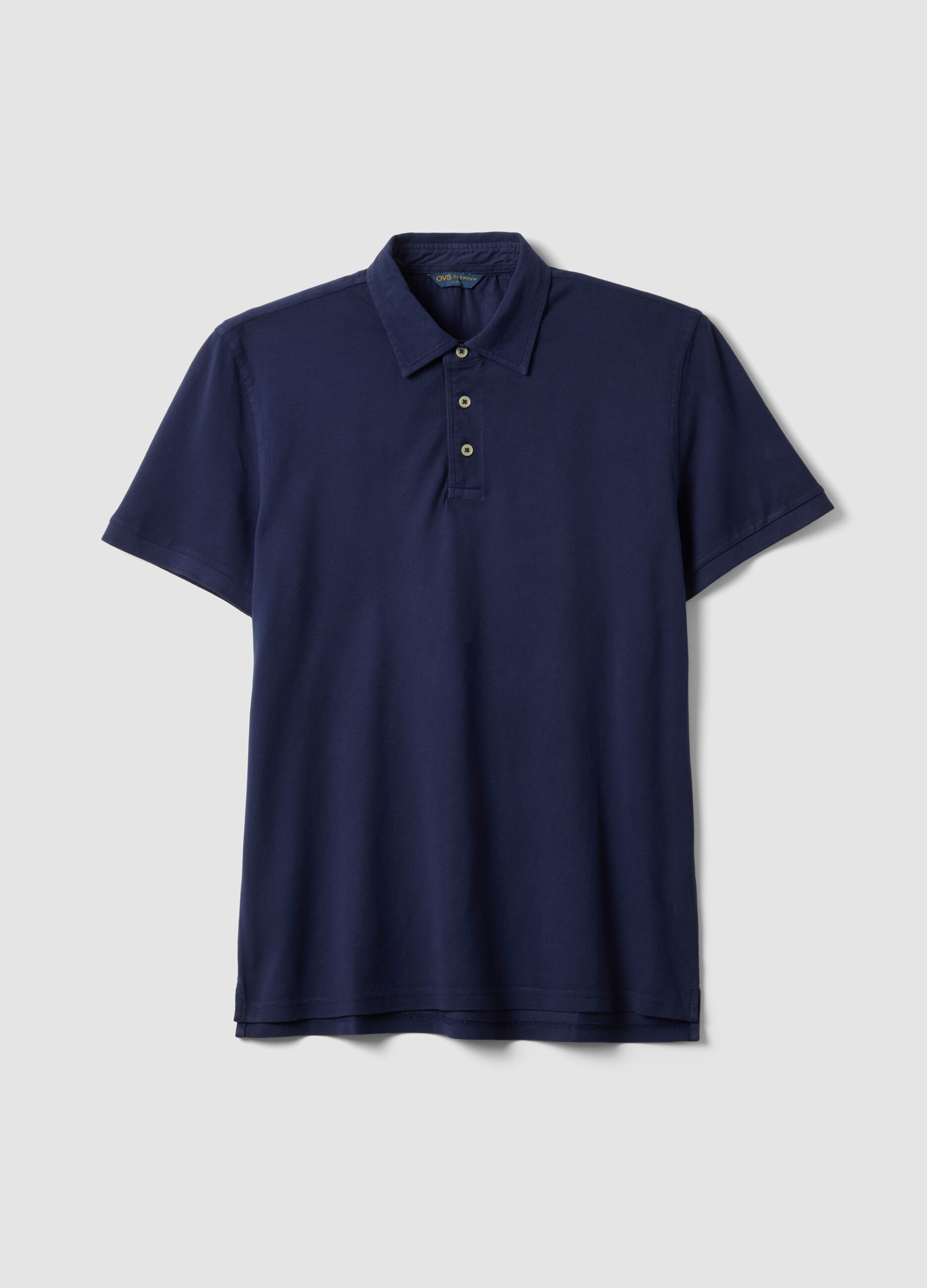 Polo azul em algod&atilde;o puro slim fit de manga curta