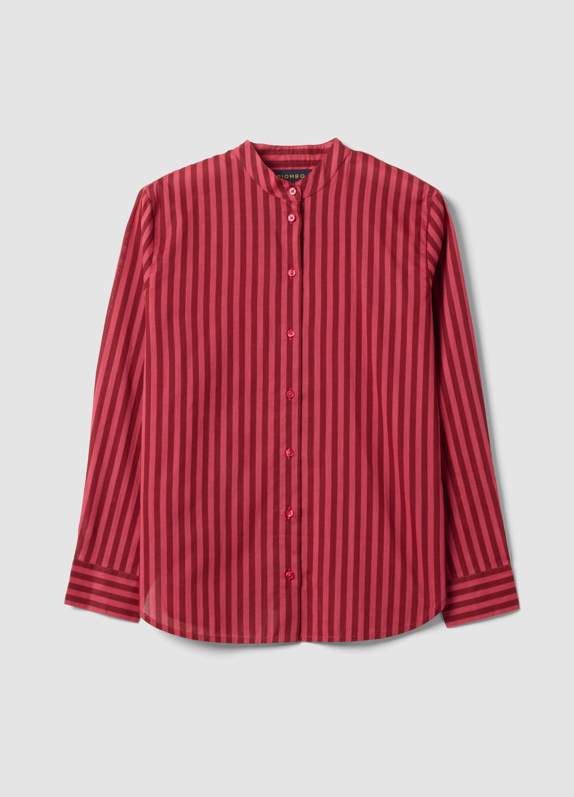Camicia rossa in puro cotone a righe con collo alla coreana regular fit