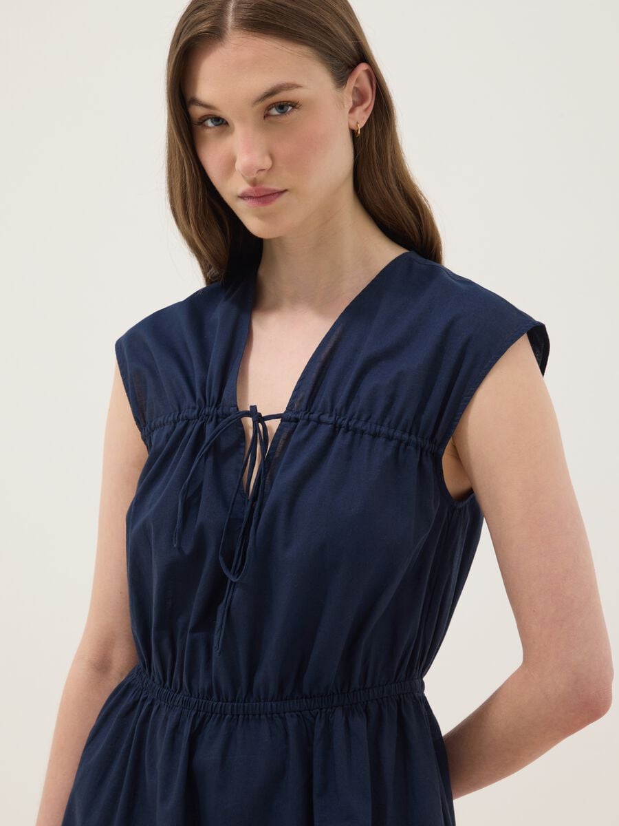 Blue pure cotton V-neck dress_2