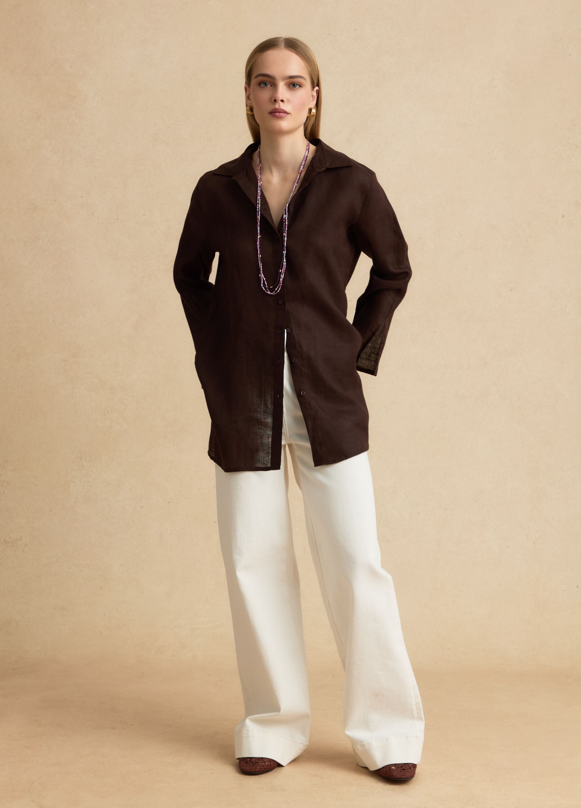 Brown pure linen oversized shirt