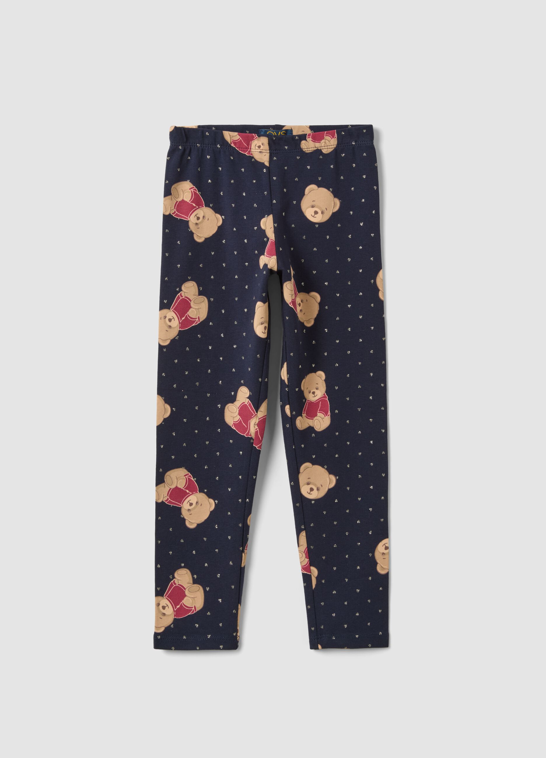 Leggings blu in cotone organico elasticizzato con stampa orsetti per bambina
