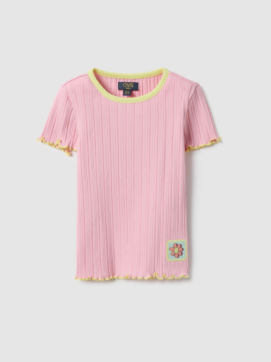 Pink elastic cotton girl's t-shirt, regular fit, with patch_0