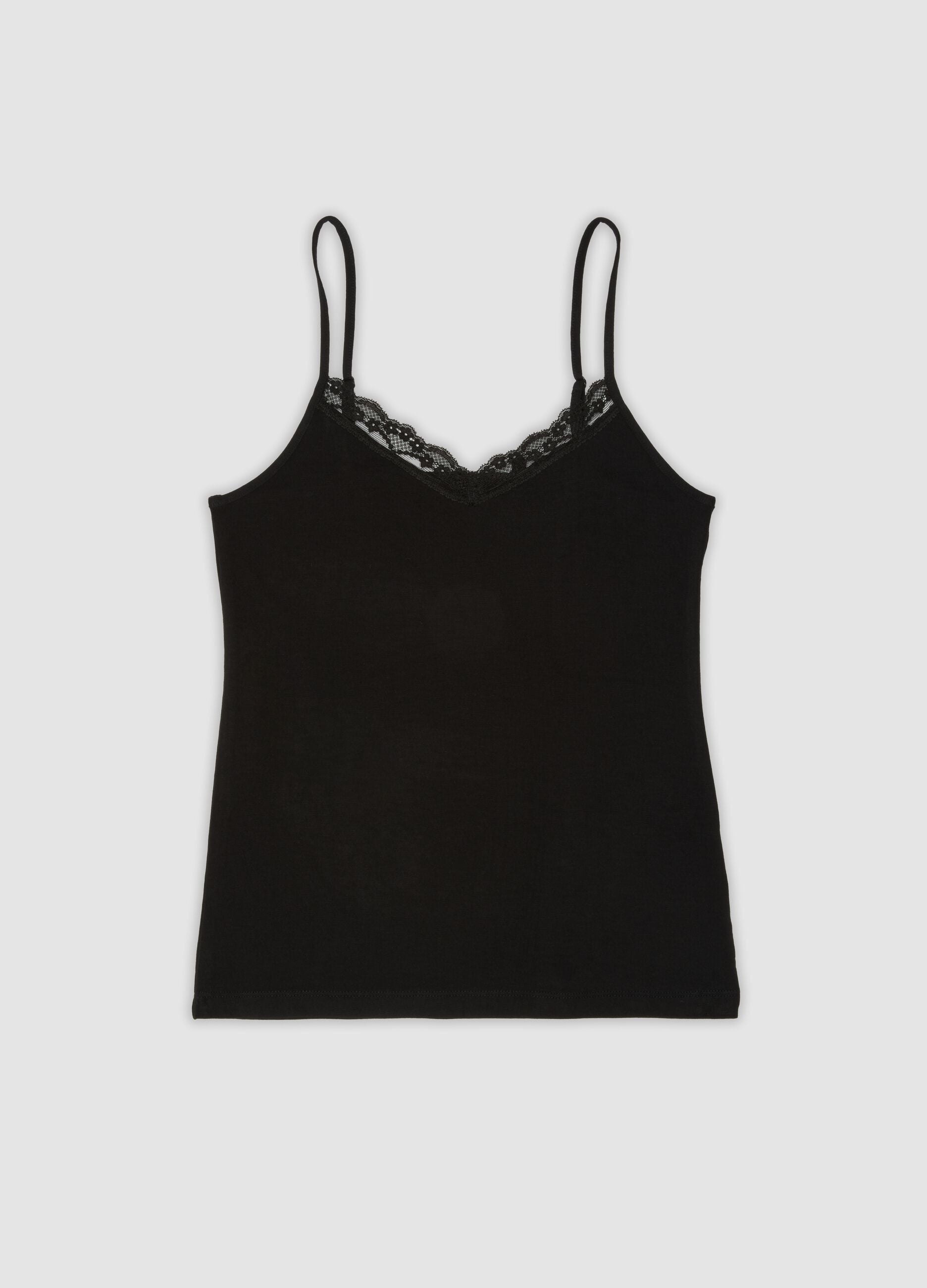 Black stretch viscose vest top with deep V-neck lace trim