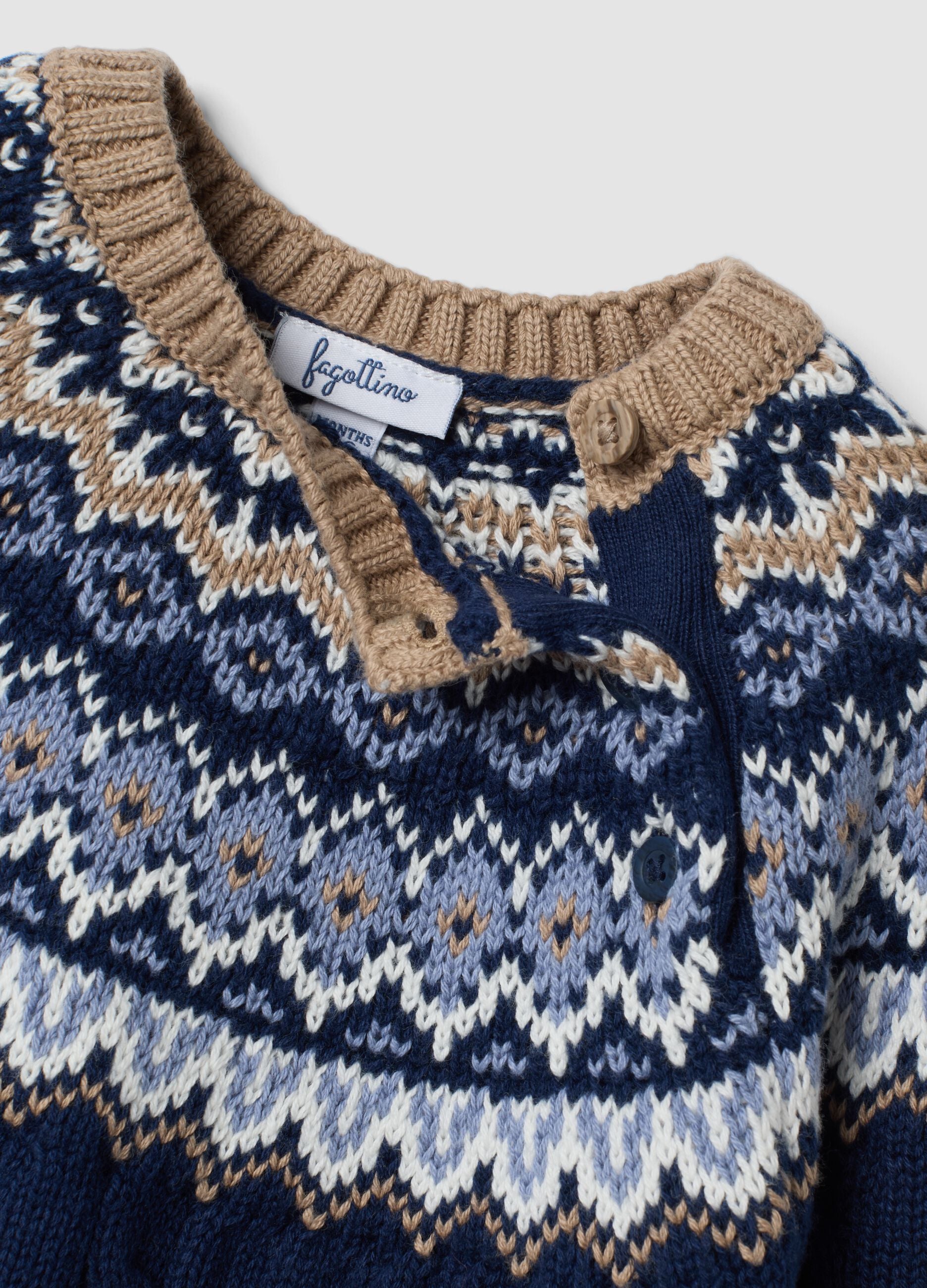 Pull bleu jacquard en pur coton biologique &agrave; torsades, coupe regular