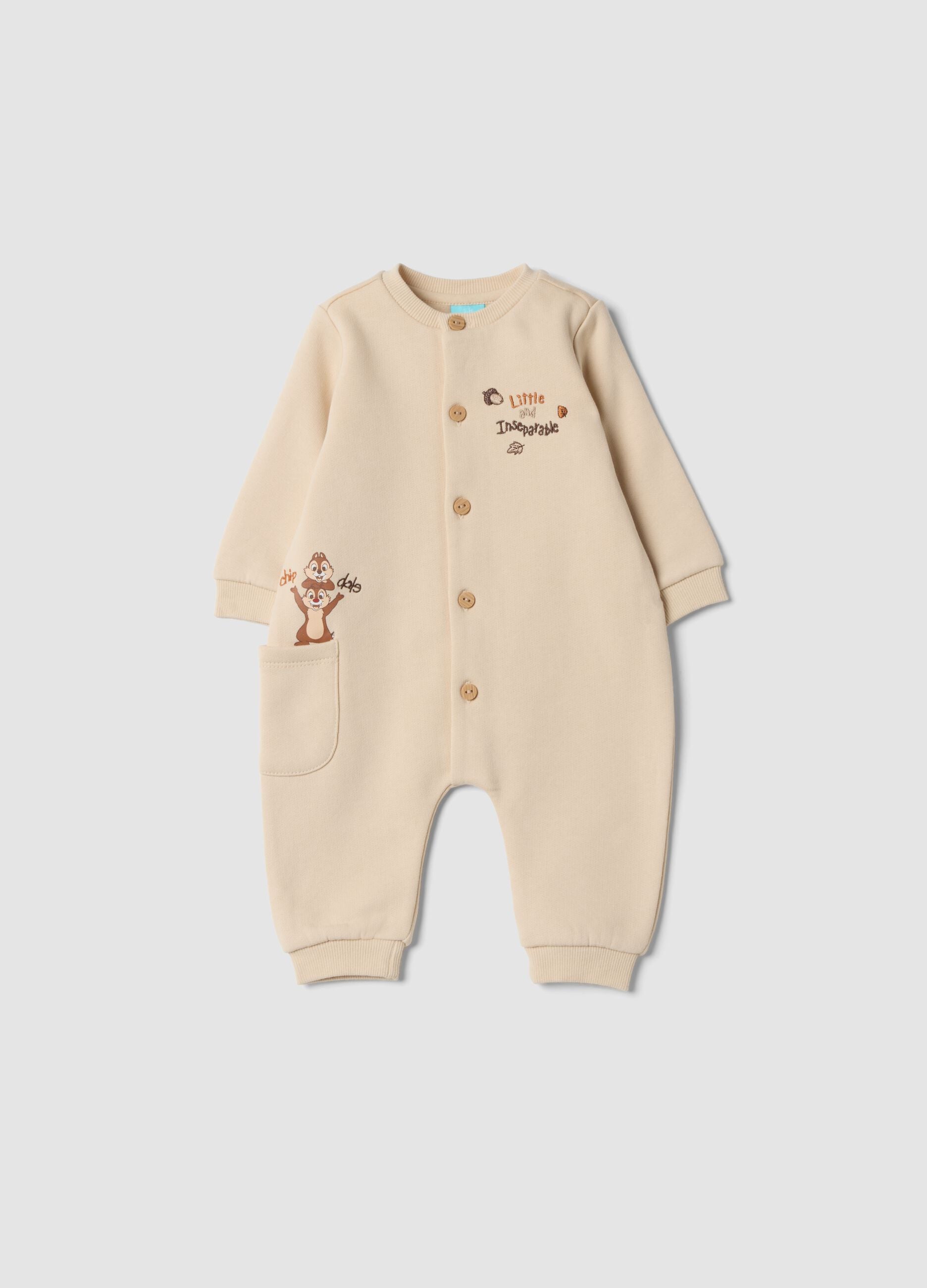 Sand romper in pure organic cotton with buttons and Chip & Dale embroidery