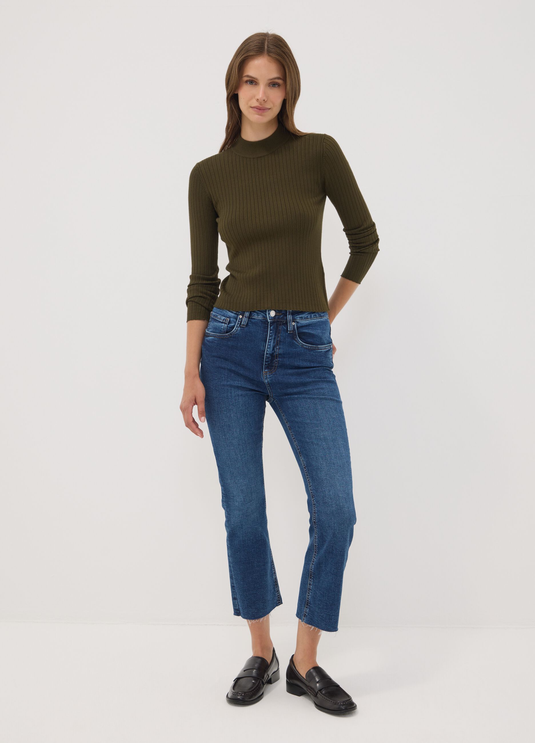 Green ribbed viscose-blend top with high neck