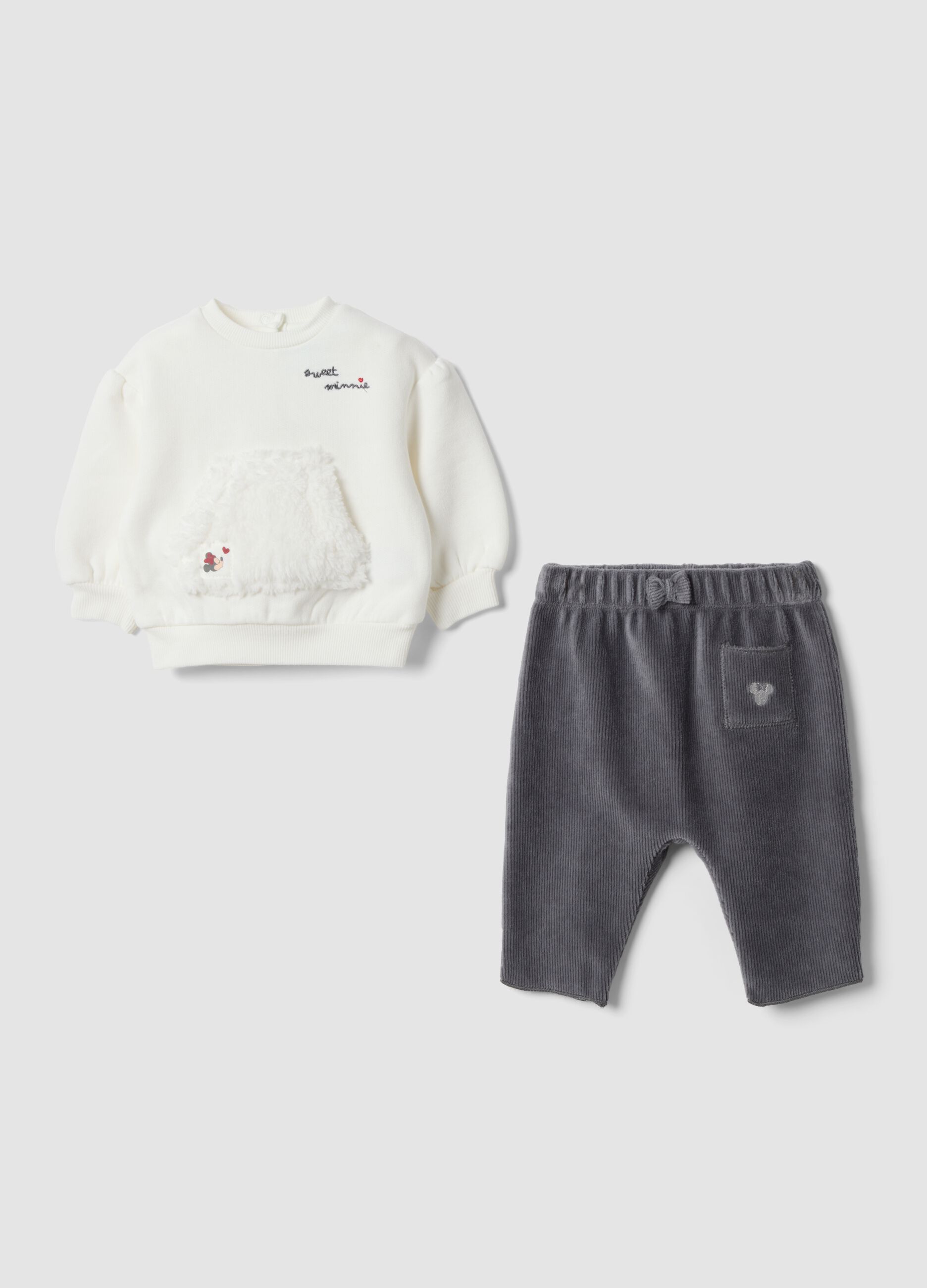 Completo bianco e grigio in puro cotone organico con dettagli Minnie