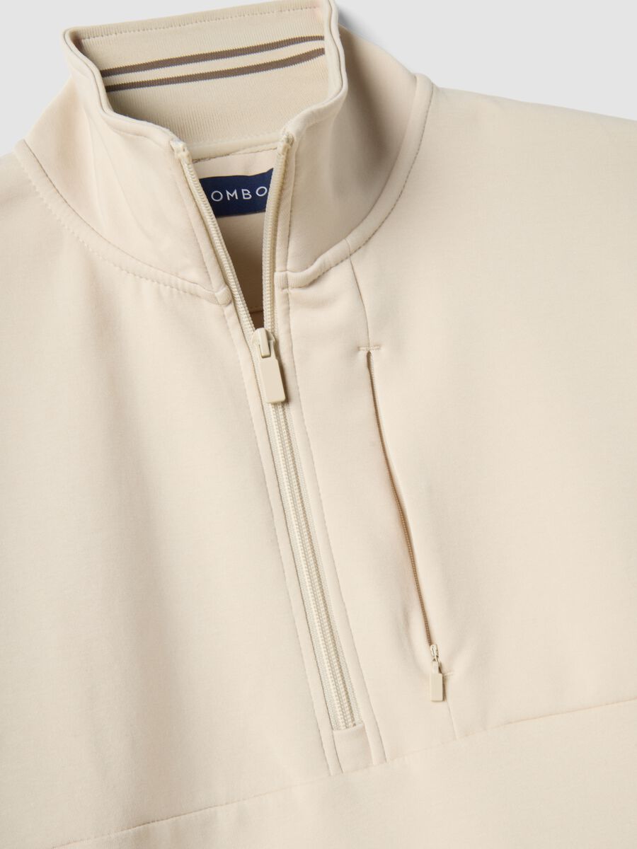 Beige regular fit stretch cotton blend sweatshirt with half zip_5