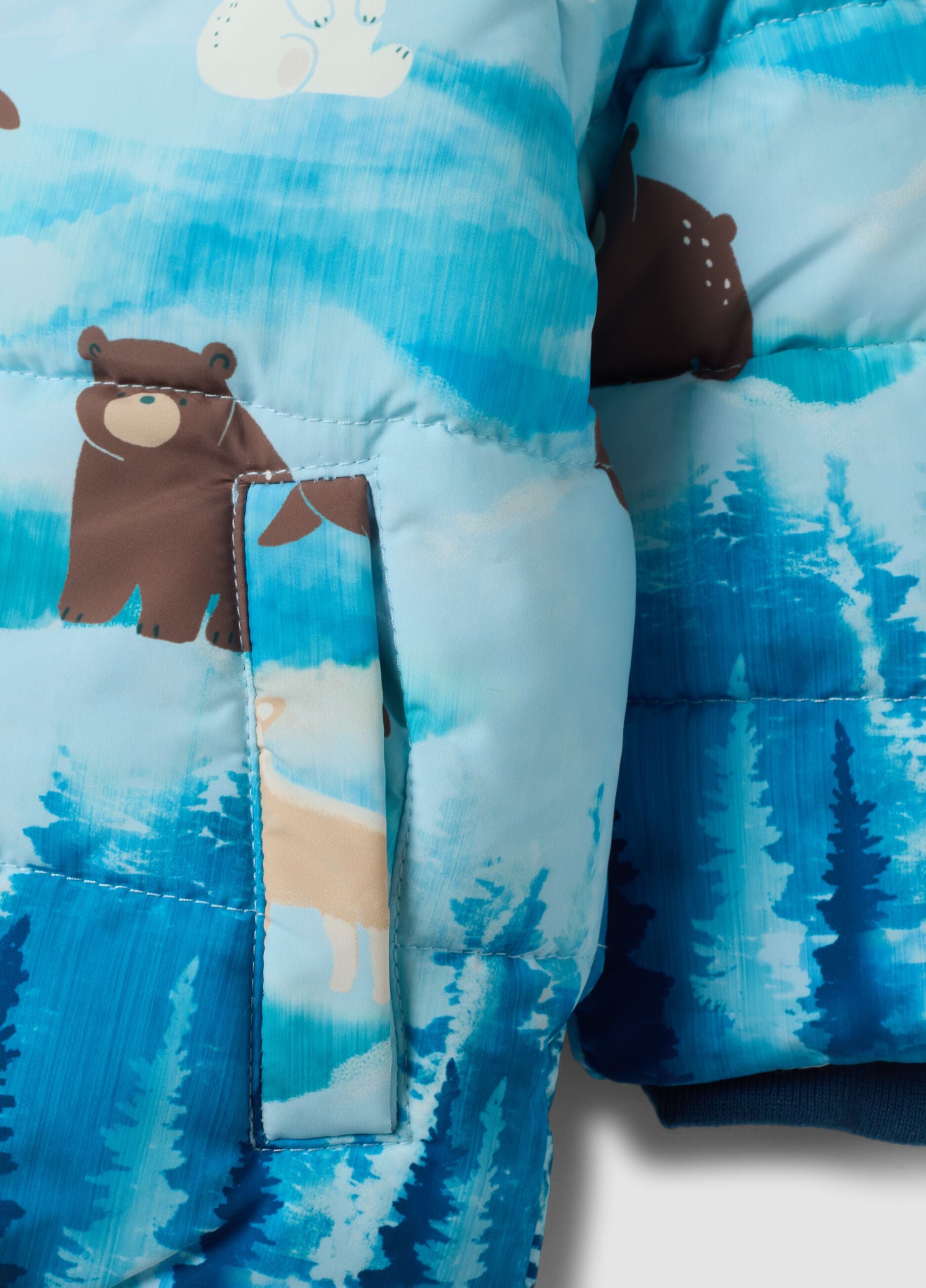 Blaue wattierte Jacke mit Kapuze und Tierprint, Regular Fit