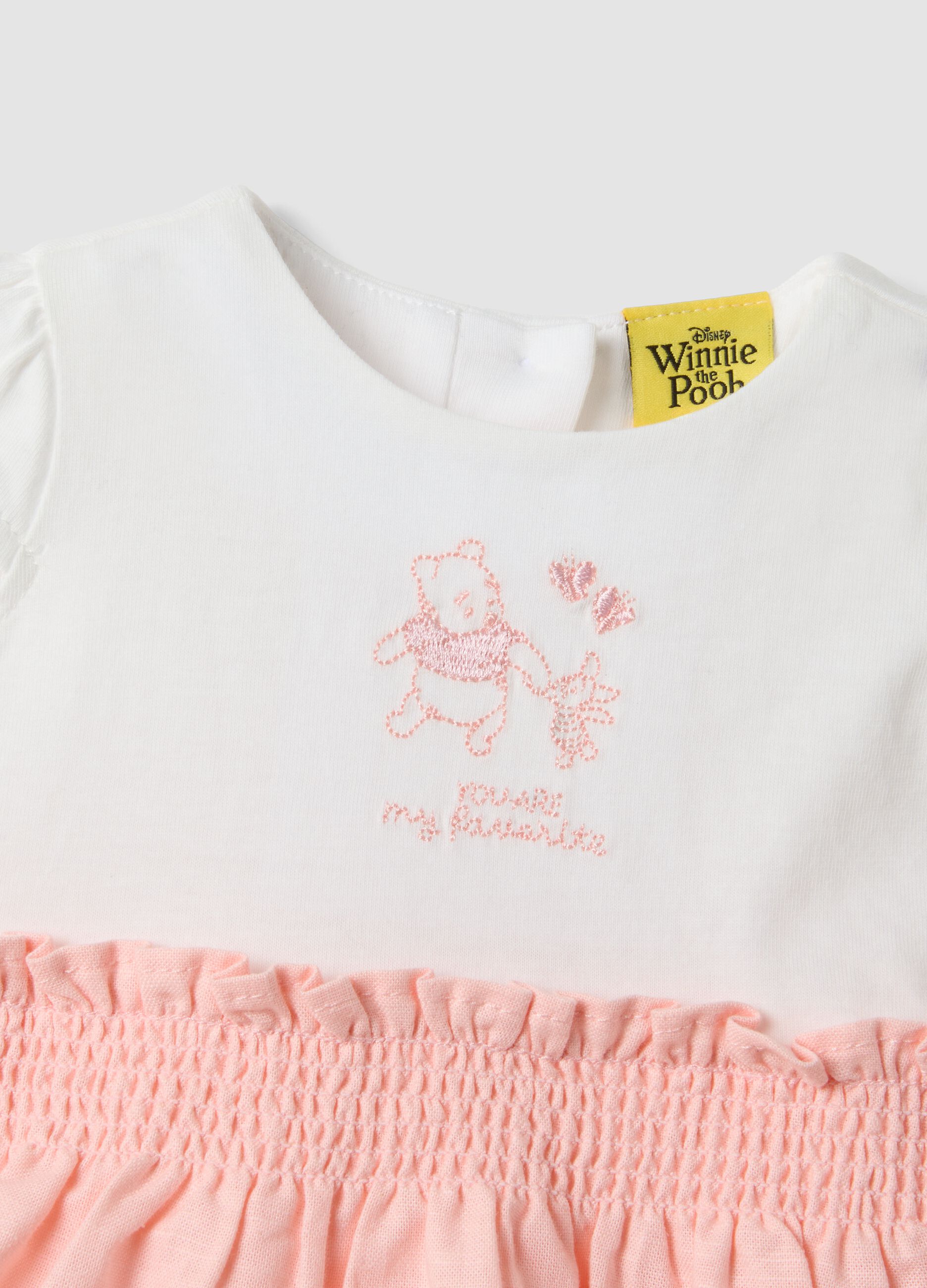 Pink cotton-linen blend romper with Winnie the Pooh embroidery for baby girl