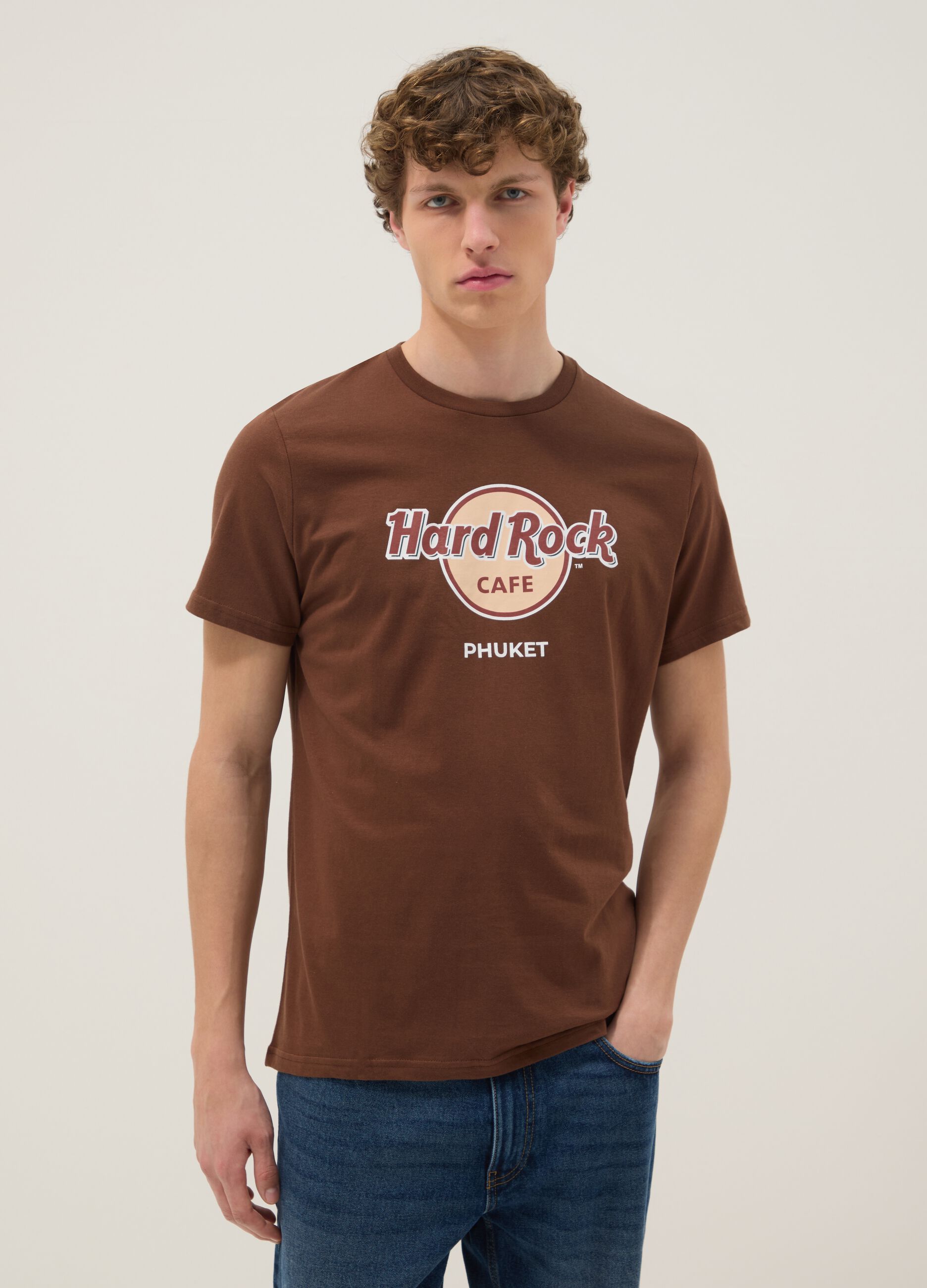 Braunes T-Shirt aus reiner Baumwolle mit Hard Rock Cafe-Print, Regular Fit
