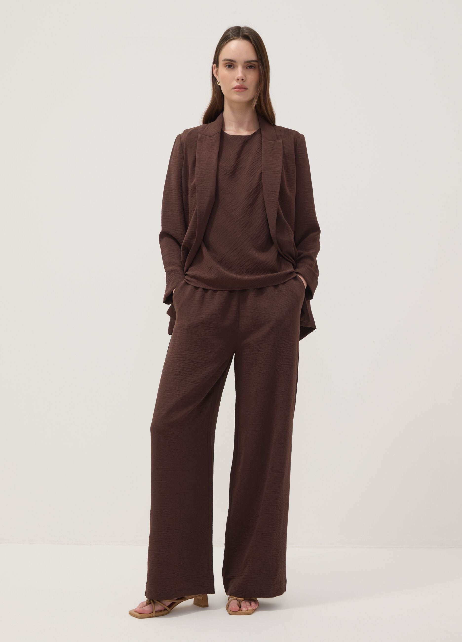 Brown wide-leg trousers with elasticated waistband