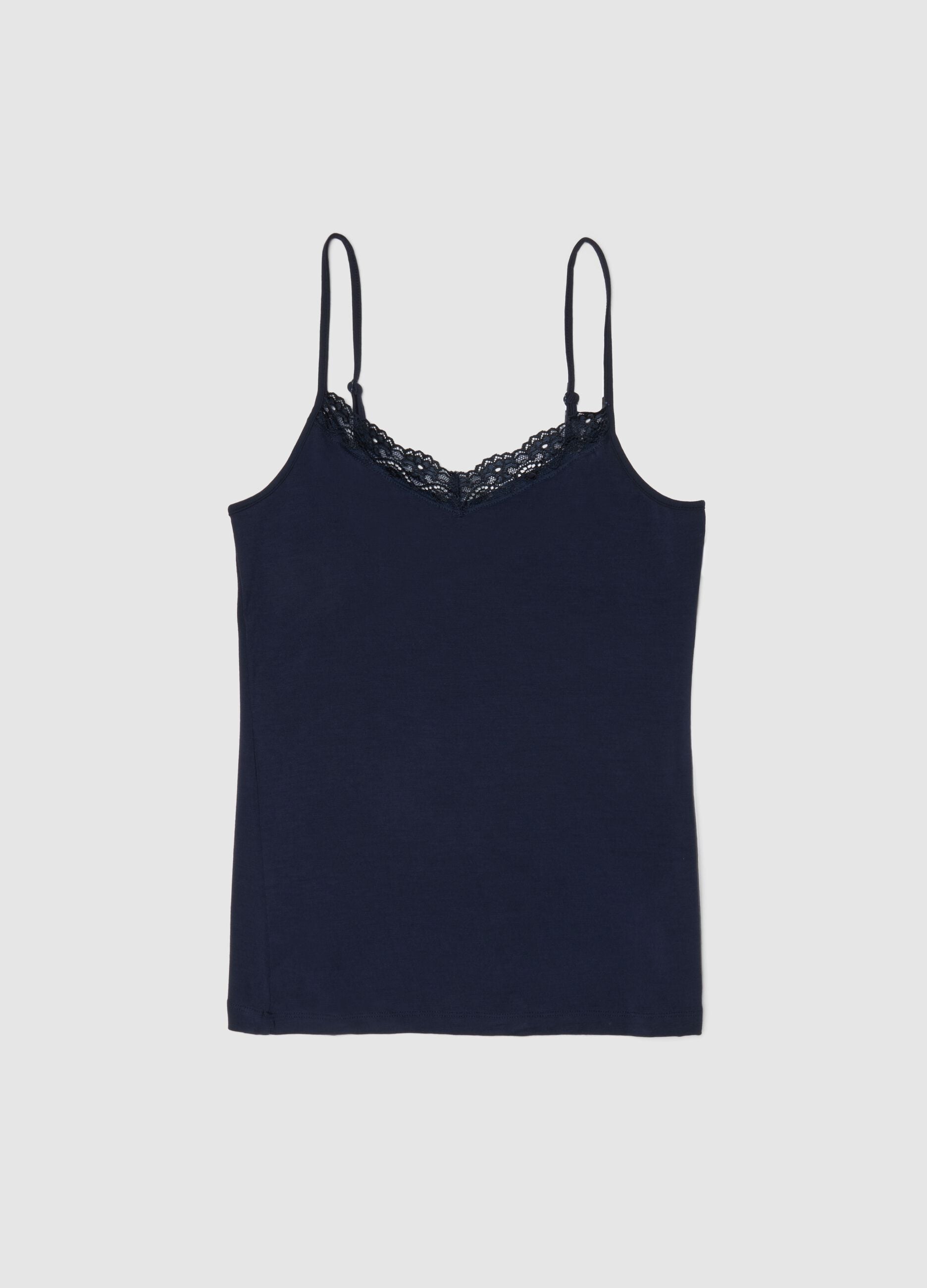 Blaue Slim-Fit-Stretch-Viskose-Tr&auml;gerhemd mit Spitze