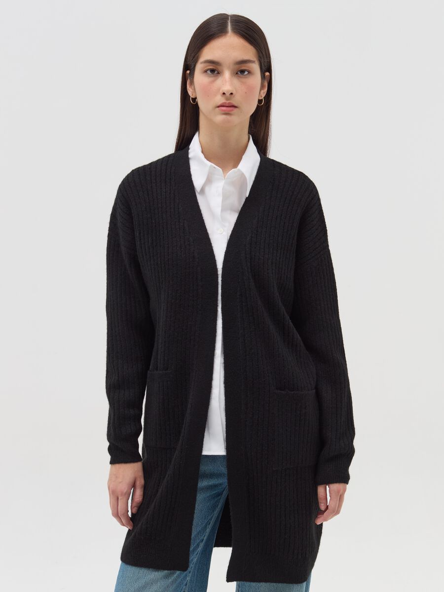 Long ribbed open cardigan_0