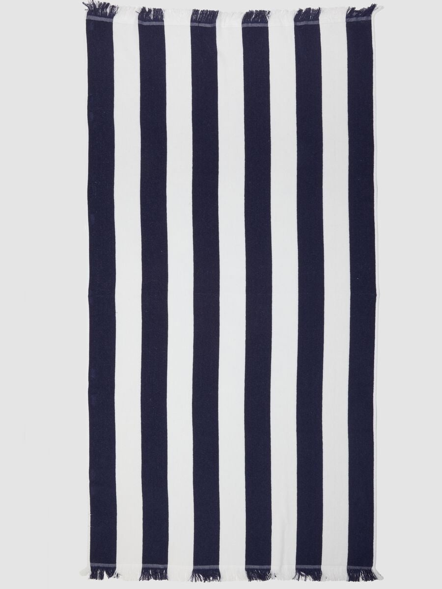 Blue and white pure cotton beach towel with fringes_2