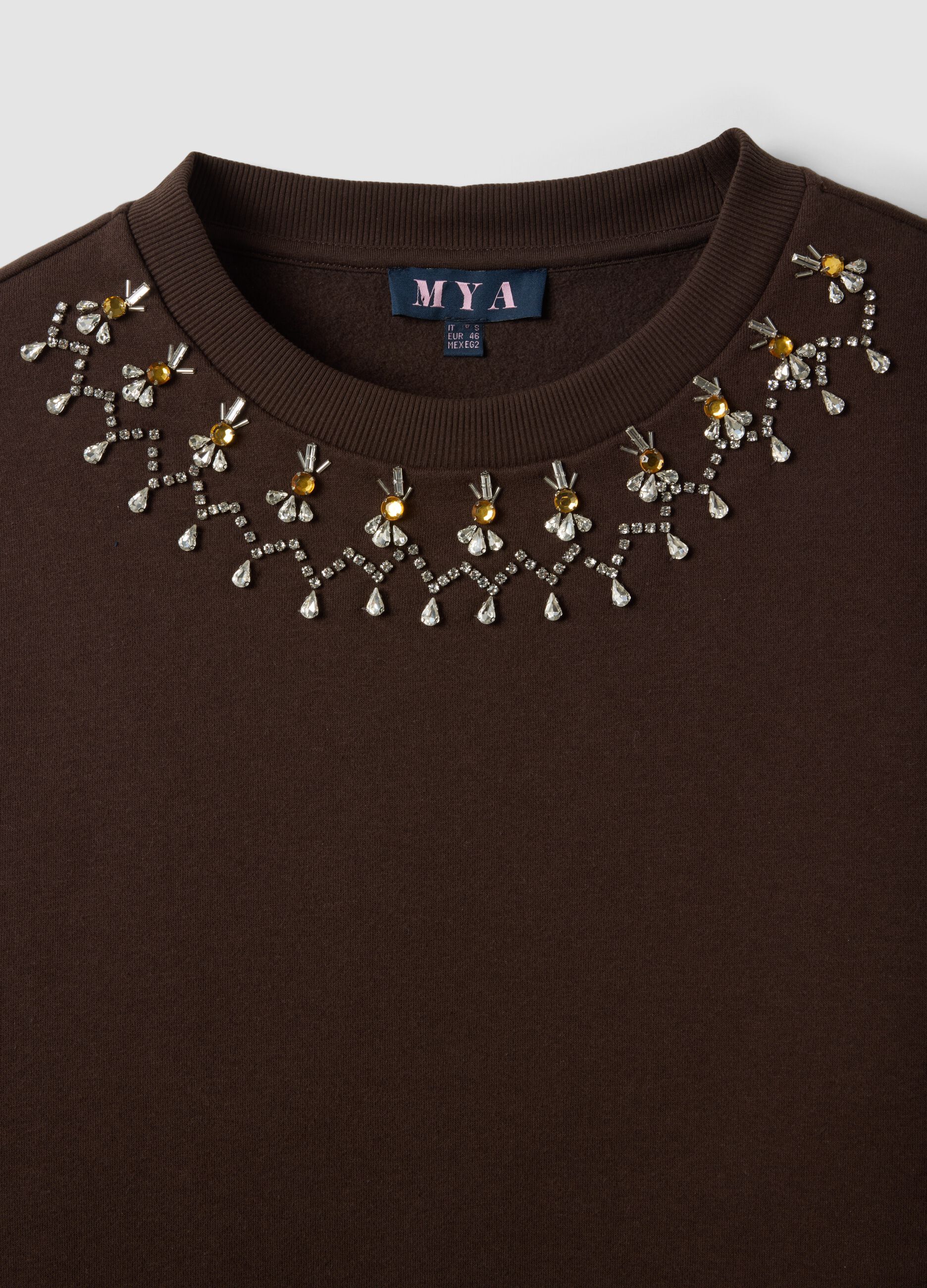 Brown cotton-blend sweatshirt with jewel crew neck